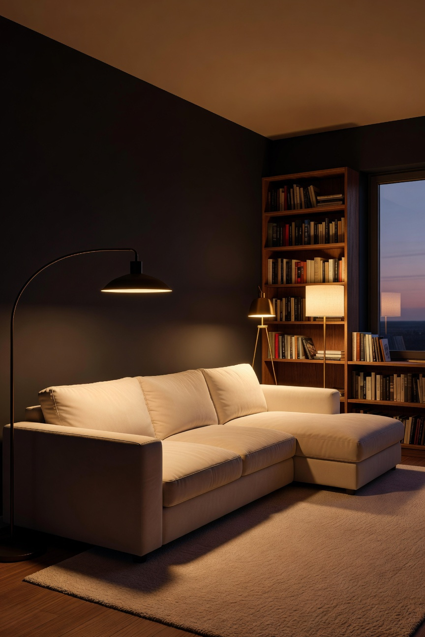 A cozy living room featuring multiple floor lamps that cast warm pools of light over comfortable furniture to create a relaxing evening atmosphere.
