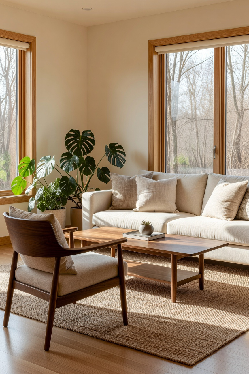A cozy living room interior featuring a mid-century wooden armchair paired with a large overstuffed sofa in a sunlit space.