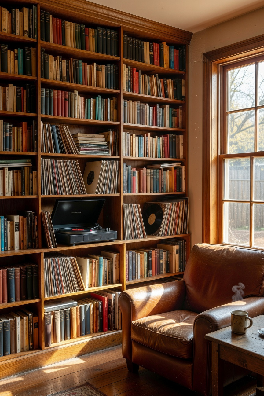 A cozy living room featuring tall, un-styled bookshelves filled with books and vinyl records in a natural, lived-in arrangement under warm sunlight.