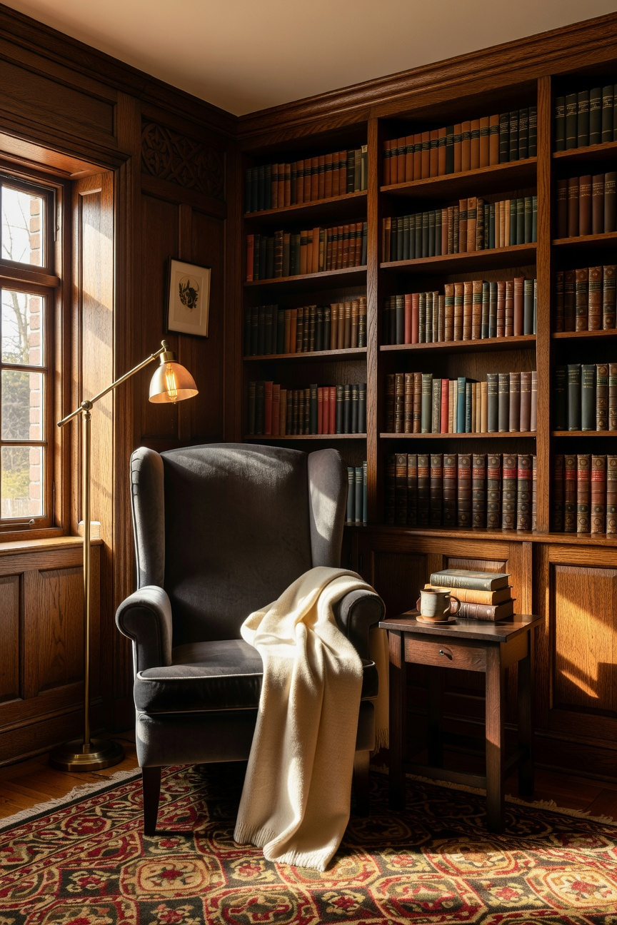 A cozy living room reading nook featuring a high-backed wingback chair beside a wooden bookshelf and a sunlit window.