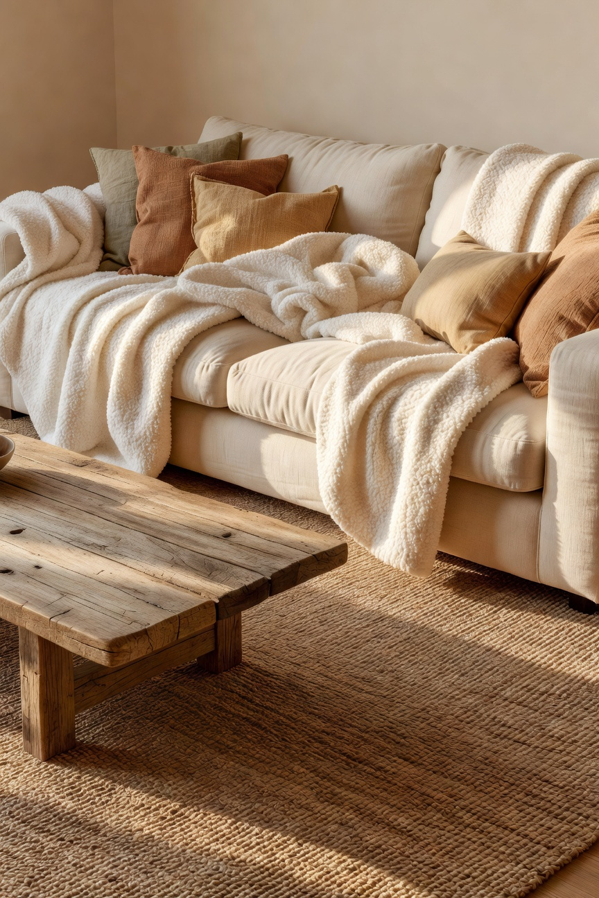 A vibrant living room showing the art of layering with a jute rug, linen couch, and bouclé fabrics to create a cozy and secure atmosphere.