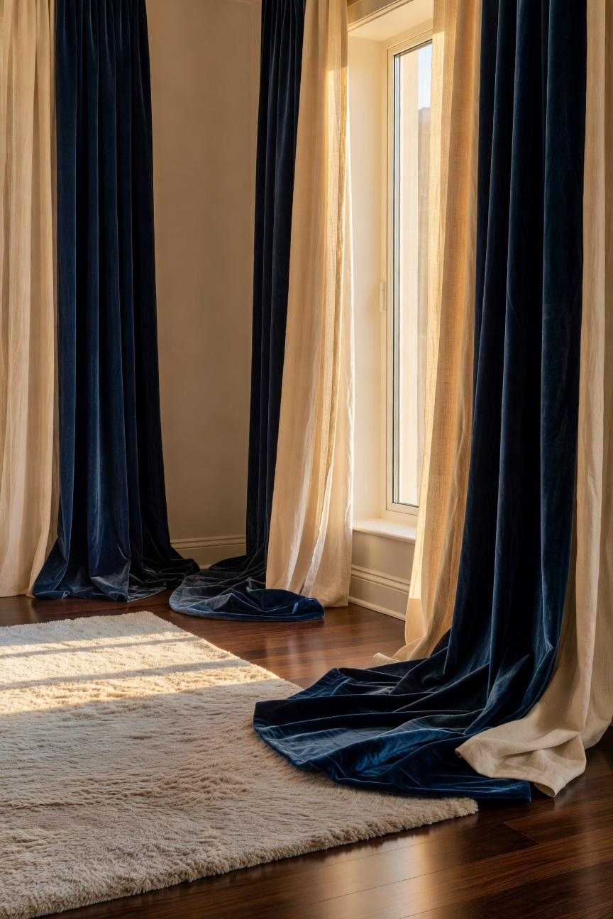 A cozy living room scene showing heavy navy velvet drapes pooling on a dark wood floor to block drafts.