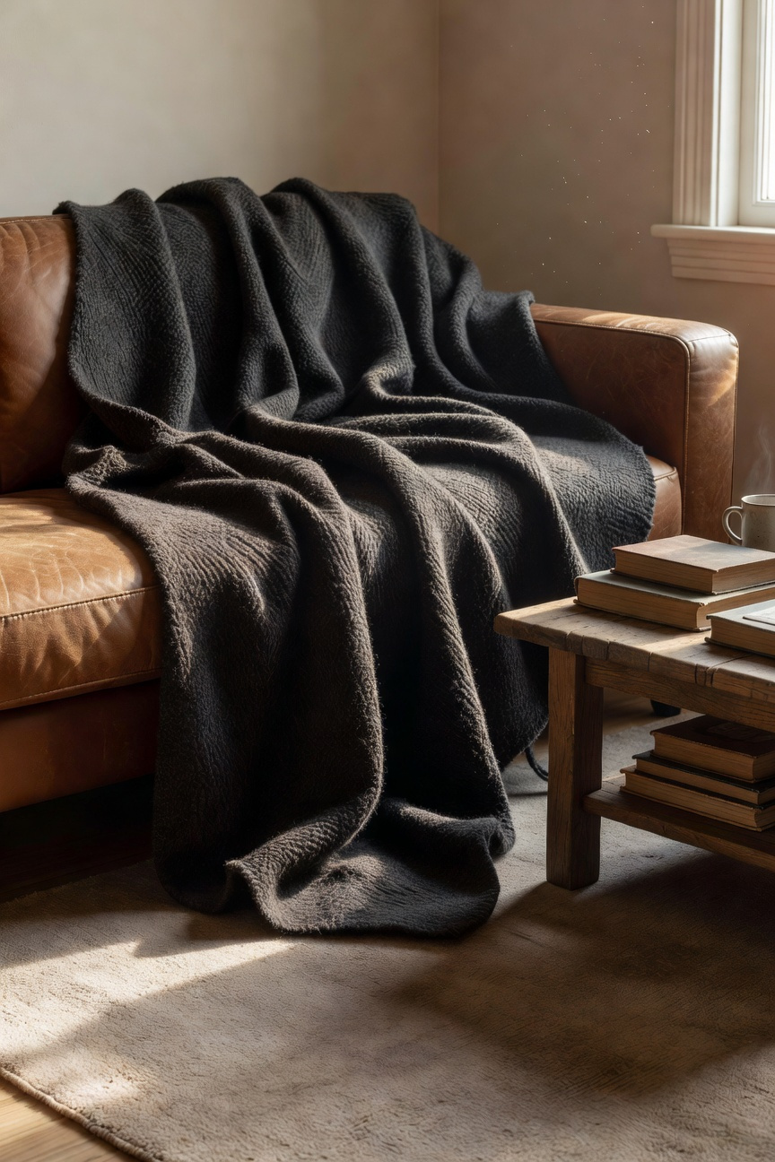 A full scene of a cozy living room featuring a thick vintage wool throw draped intentionally messy over a leather couch.