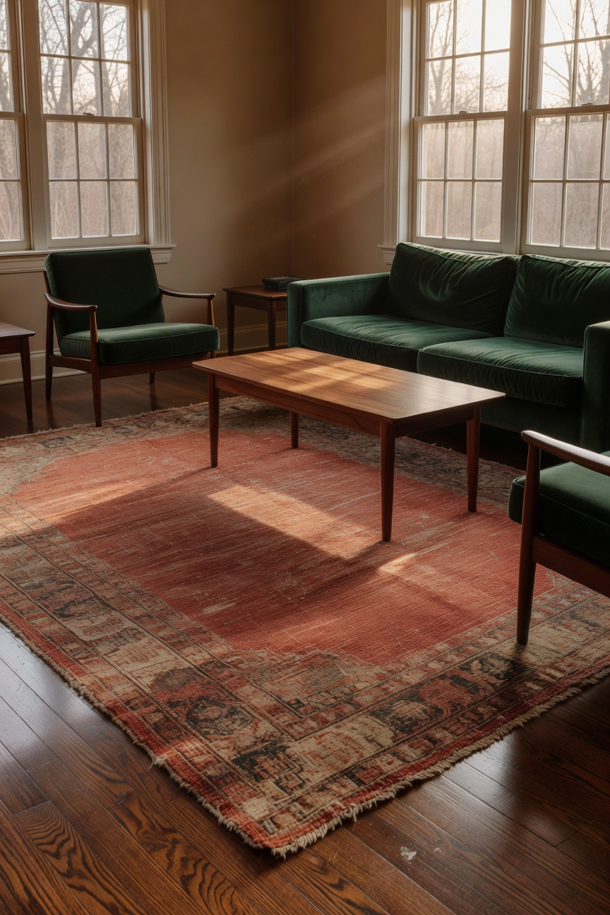 A wide-angle interior photograph of a cozy living room featuring a faded antique Persian rug with terracotta tones on a hardwood floor, paired with a velvet sofa and mid-century wooden furniture.