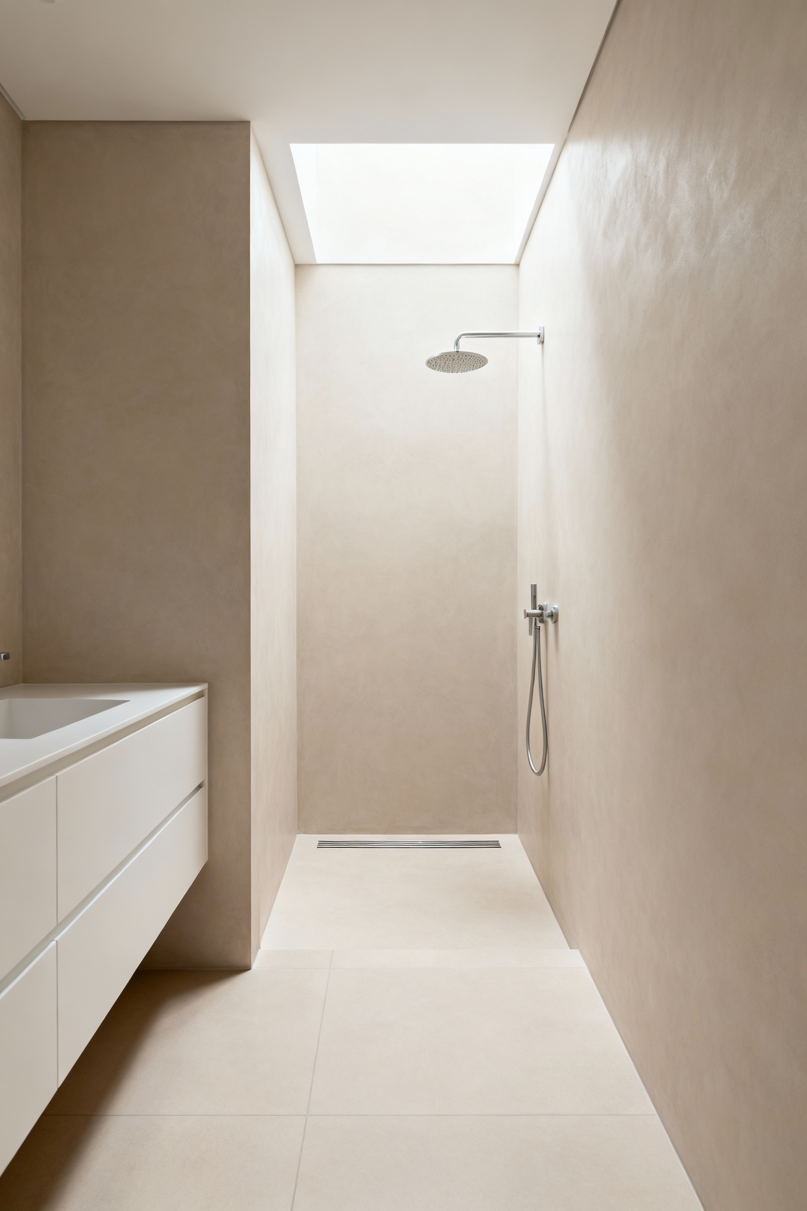 Seamless small wet room design featuring continuous large-format light beige tile flooring, enhancing the perception of depth and space due to the lack of a shower curb.