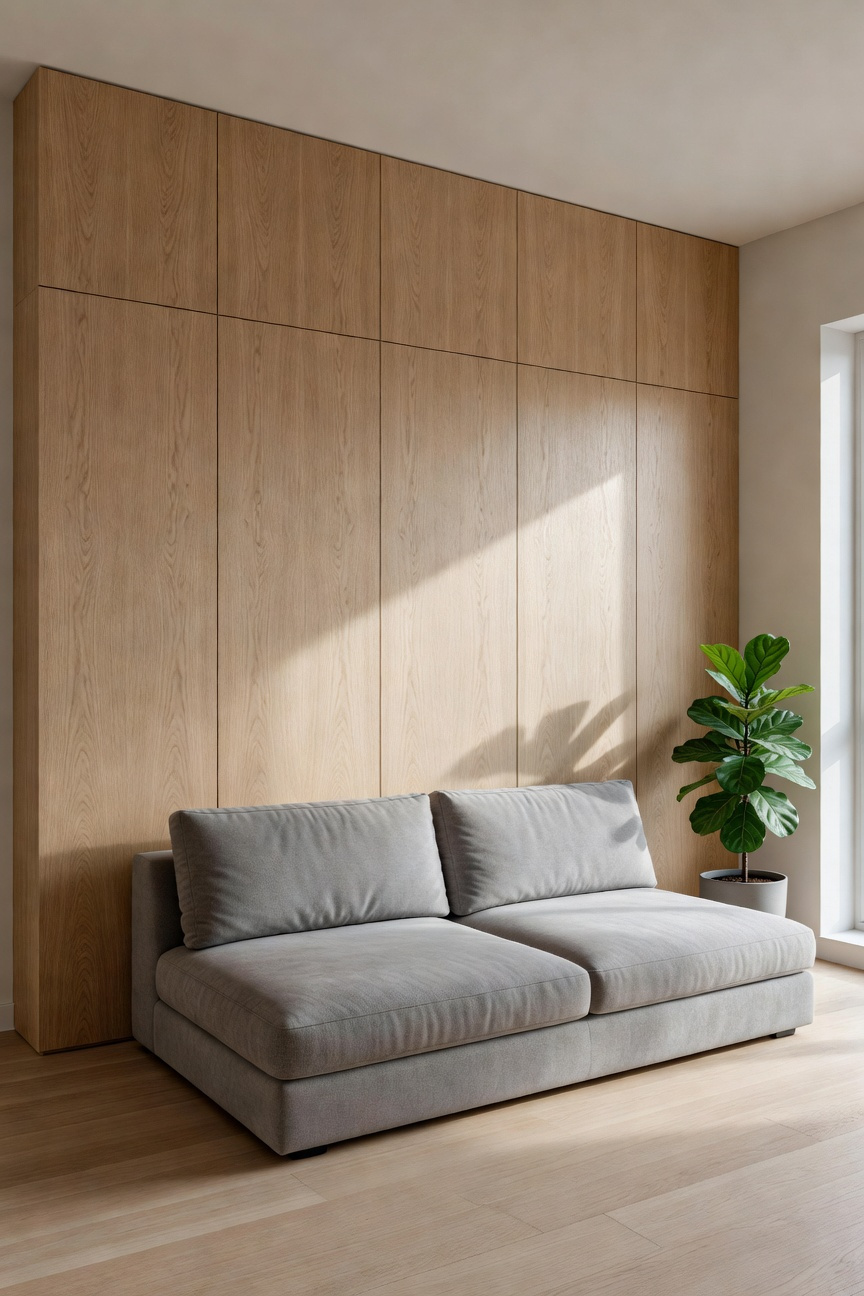 A small modern living room featuring a floor-to-ceiling custom wood storage wall that blends into the architecture.