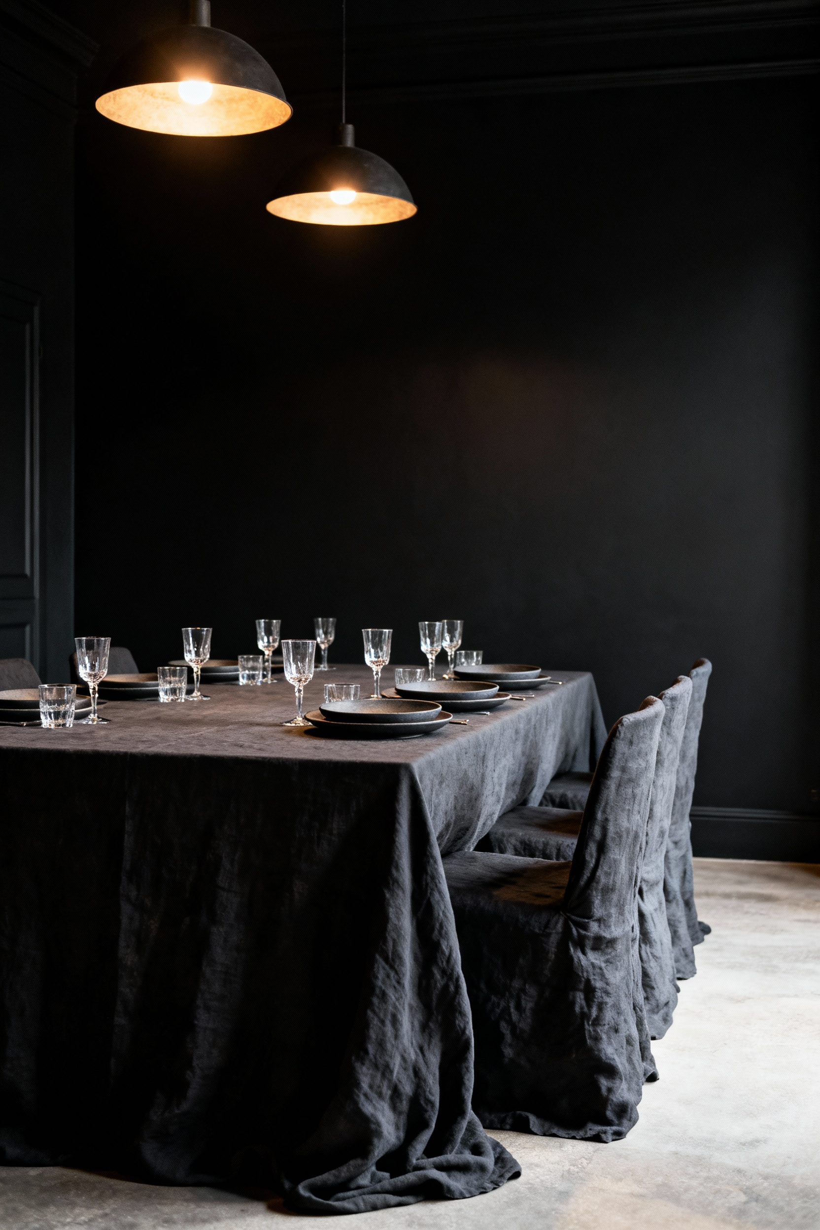 Moody dining room tablescape featuring dark gray linen tablecloths, black stoneware dishes, and sparkling cut crystal stemware against matte black walls.