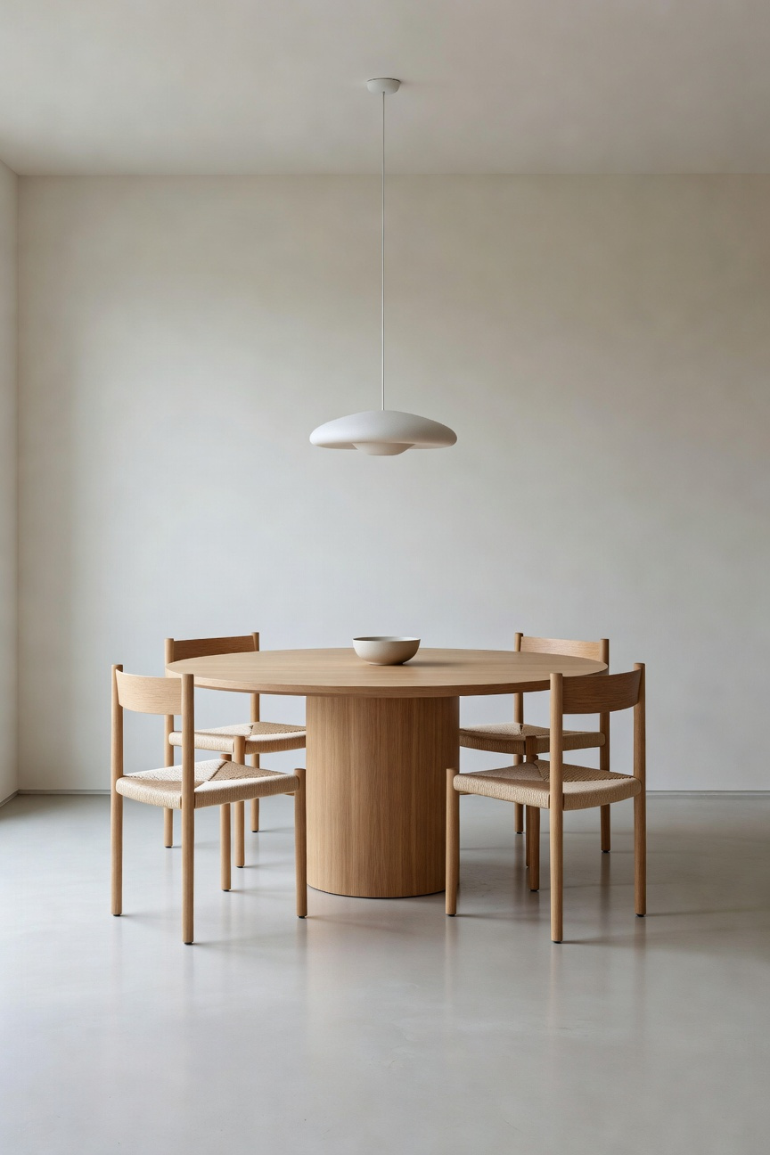 A photograph showing a large round light oak dining table in a strictly minimalist room designed for digital detox, featuring symmetrical seating and soft diffused natural lighting.