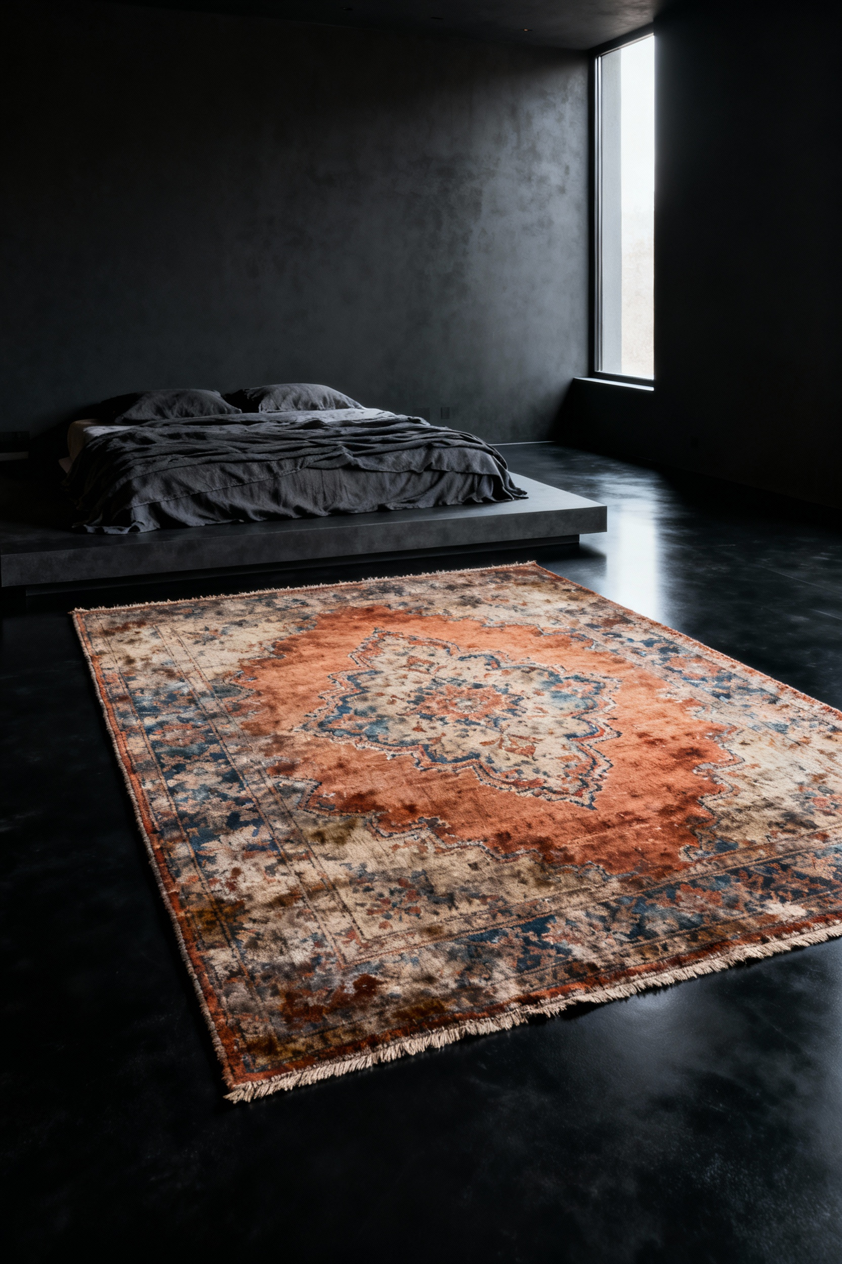 Distressed terracotta and indigo Persian rug anchoring a dark, sophisticated bedroom with matte black walls and polished black epoxy floor.