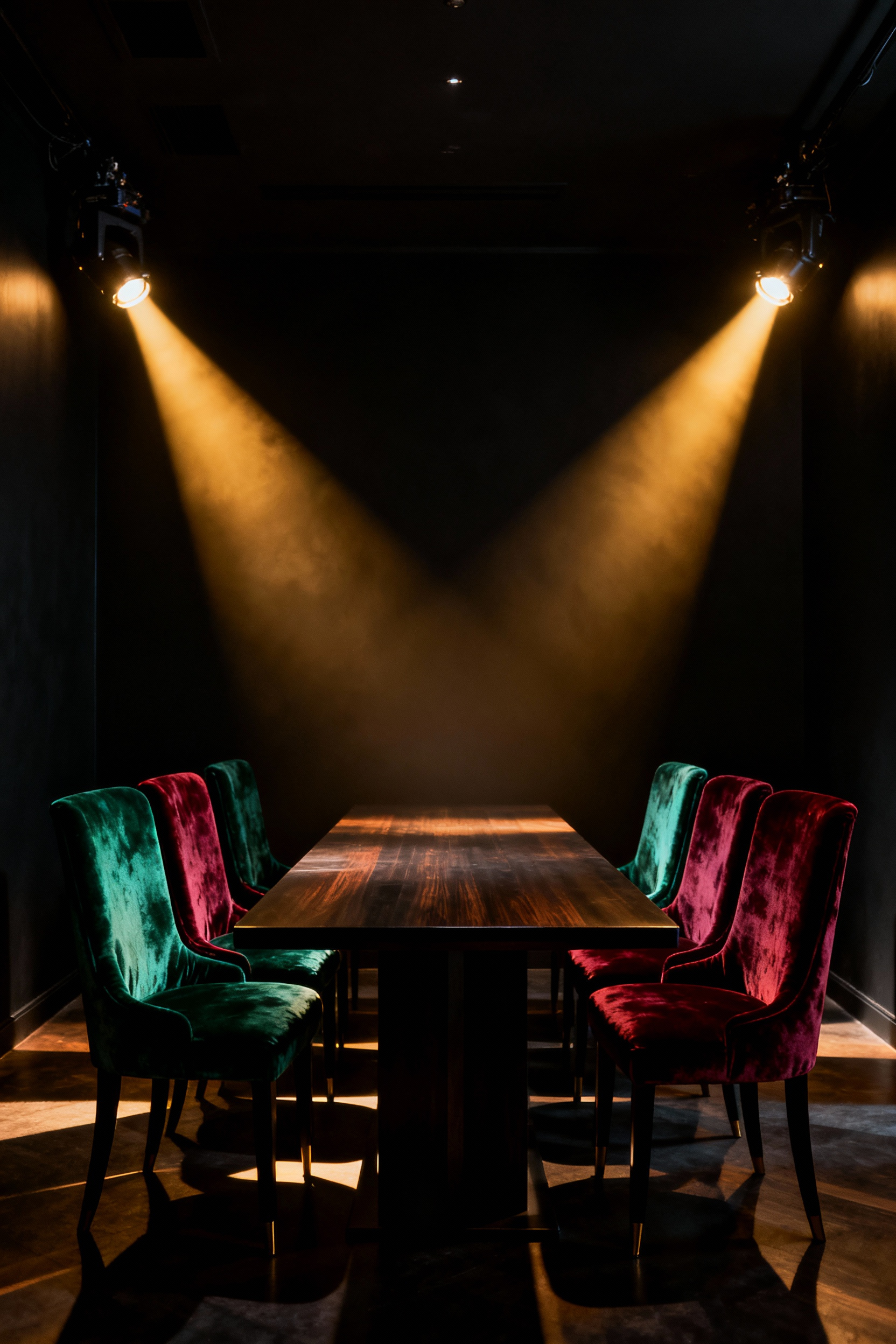 A luxurious dining room featuring ultra-matte black walls. Jewel-toned velvet dining chairs in emerald green and oxblood red shimmer under warm, focused overhead lighting, highlighting the extreme contrast between the dark void and tactile upholstery.