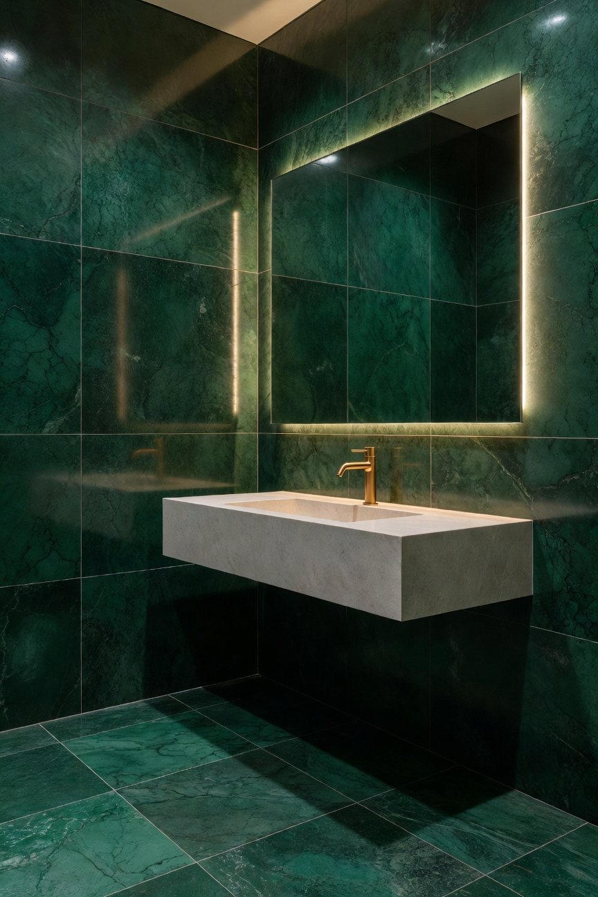 A modern powder room featuring emerald green tiles on both the walls and floor for a seamless monolithic look.