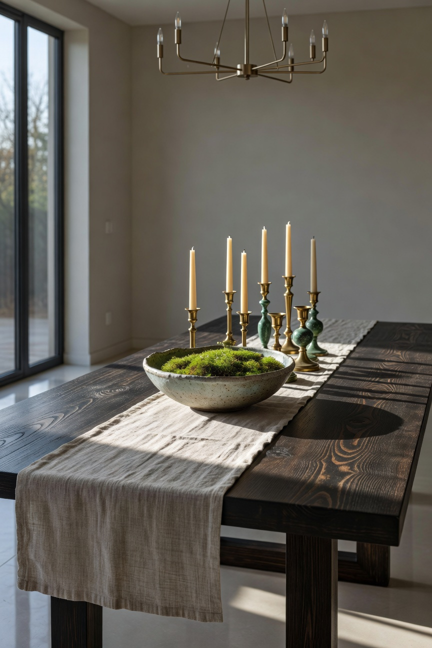 An elegantly curated everyday tablescape on a solid wood dining room table featuring brass candlesticks and a ceramic centerpiece in a bright room.