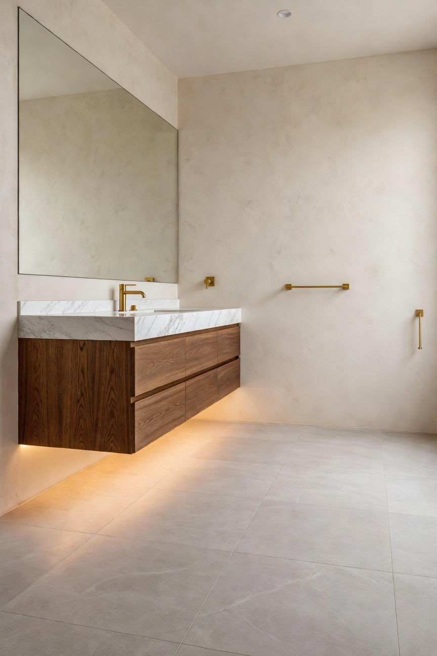 A modern small bathroom featuring a floating wood vanity with under-cabinet lighting and marble floors to create a spacious feel.