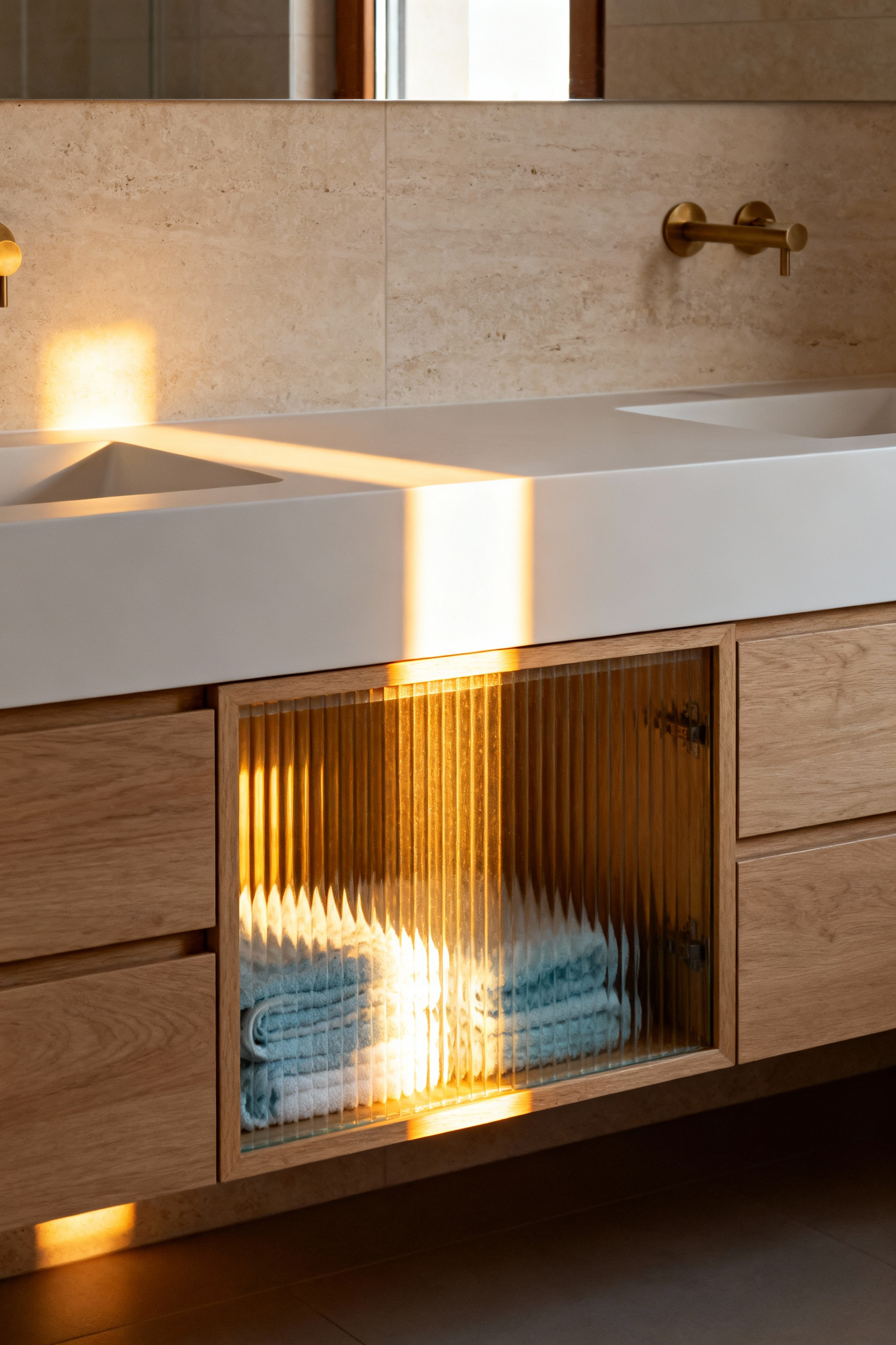 A floating oak double vanity with fluted glass cabinet doors diffusing the interior contents into soft, abstract silhouettes due to bright incoming sunlight.