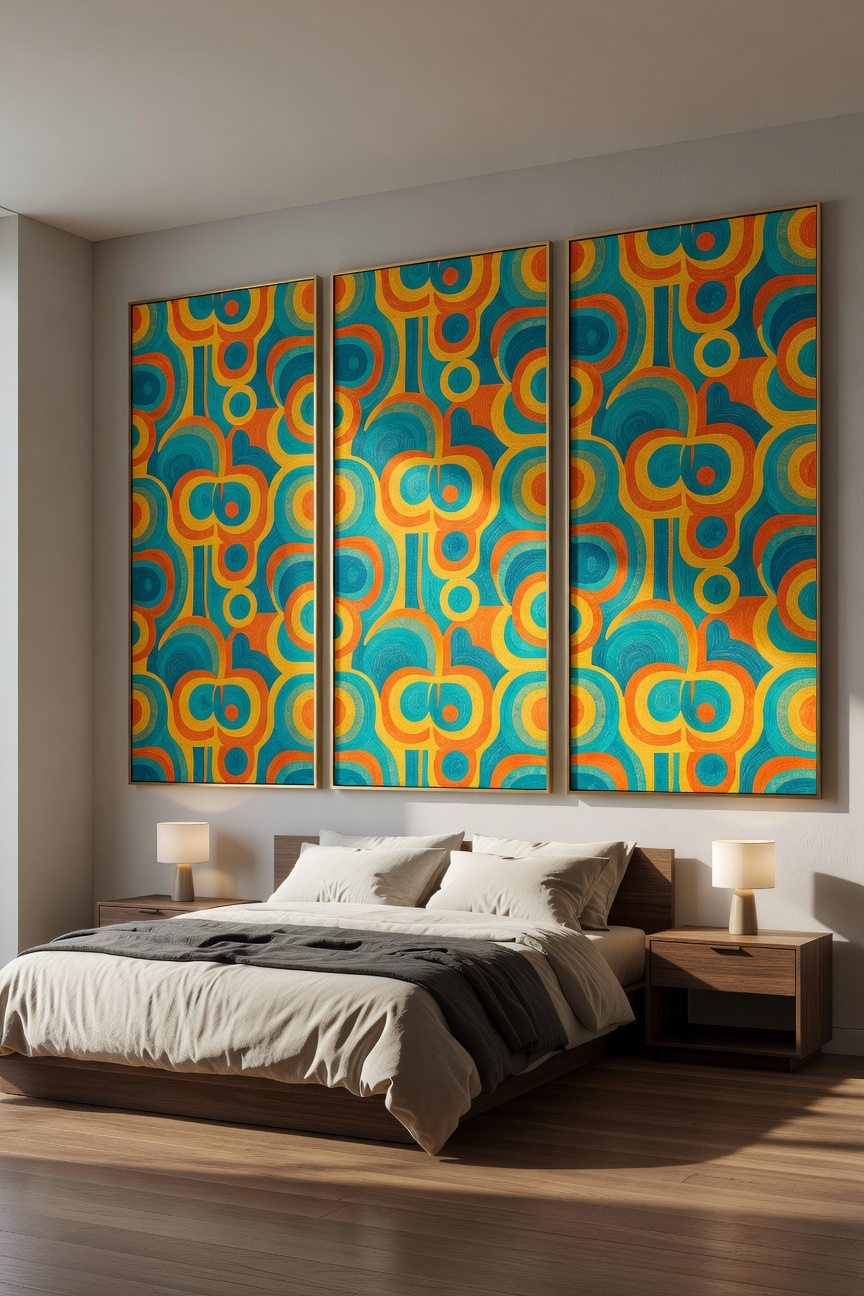 Three large framed retro wallpaper panels hanging above a modern bed in a minimalist bedroom.