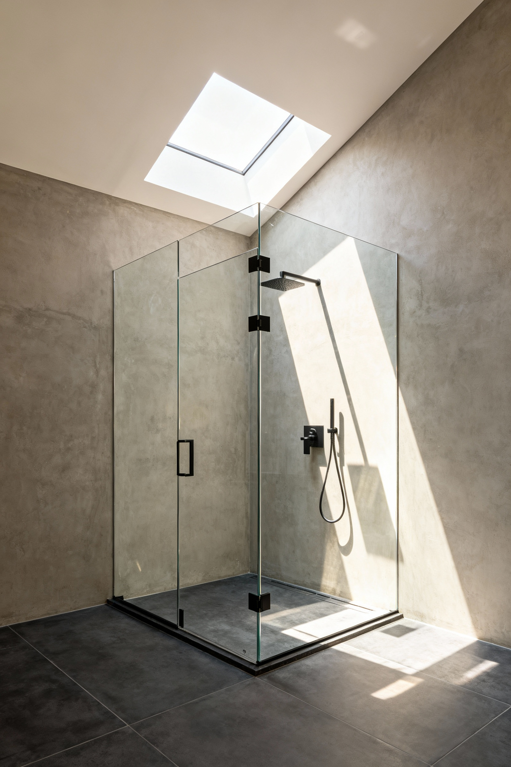 Frameless glass shower enclosure maximizing visual continuity and light transmission in a compact industrial-style bathroom featuring concrete walls and dark floor tiles.