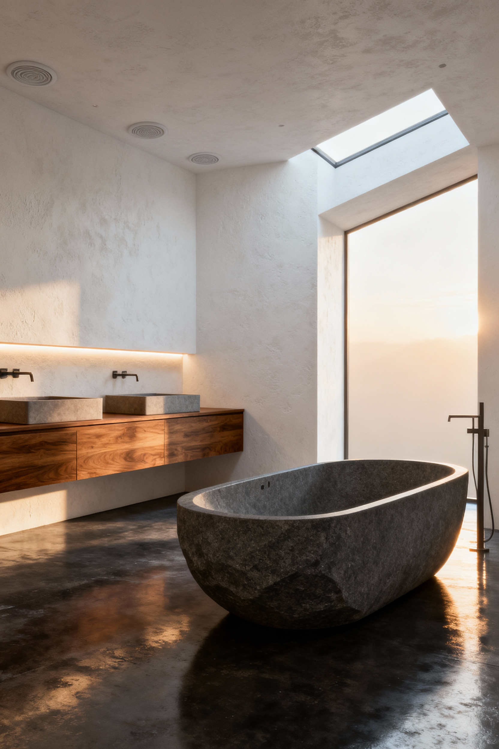 Minimalist modern bathroom sanctuary featuring a freestanding tub and floating wood vanity. Seamless white walls imply hidden surface sound transducers for a curated auditory experience and digital detox.
