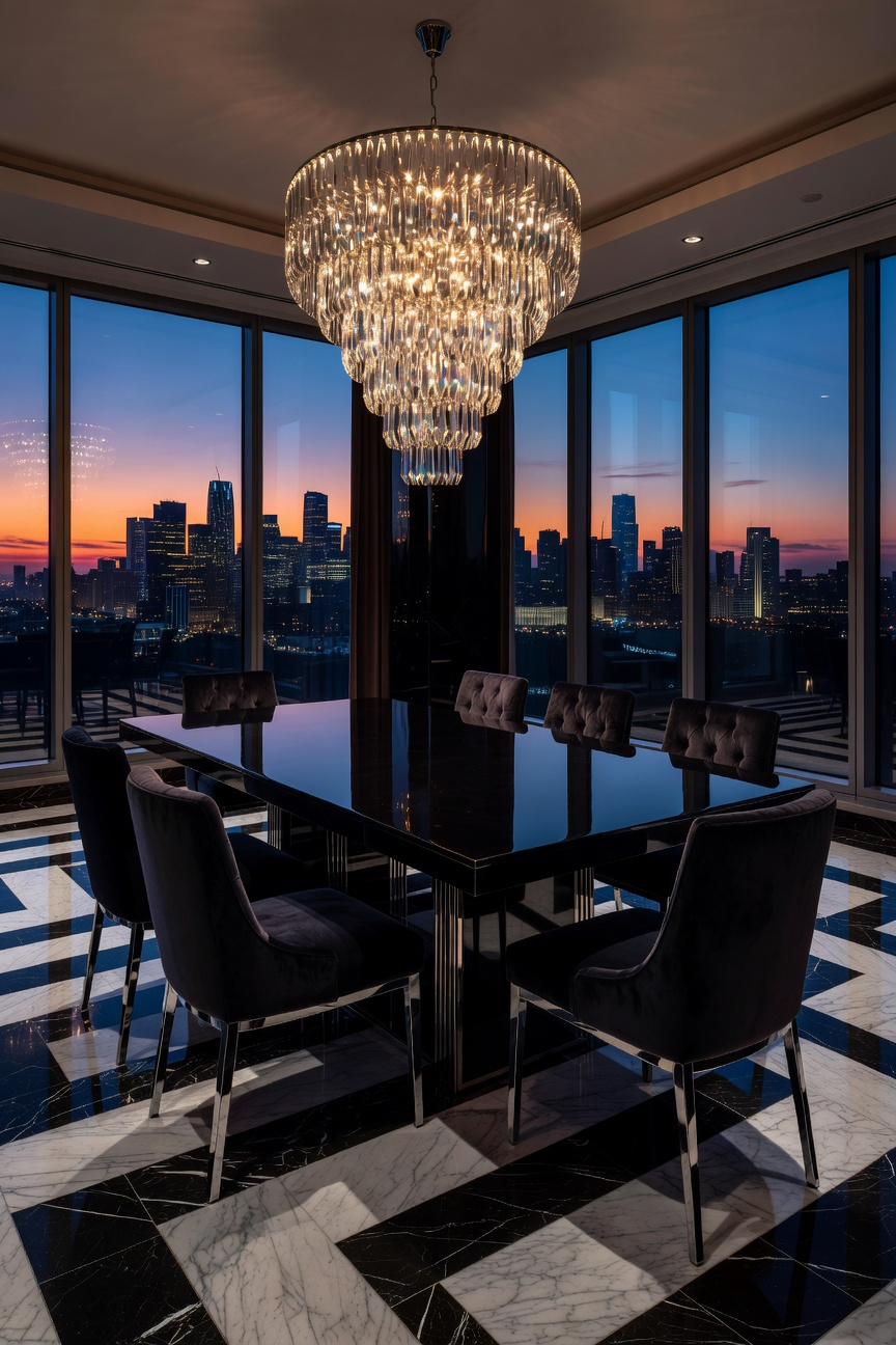 A luxurious dining room with a black high-gloss lacquer dining table reflecting a crystal chandelier in a maximalist interior design.