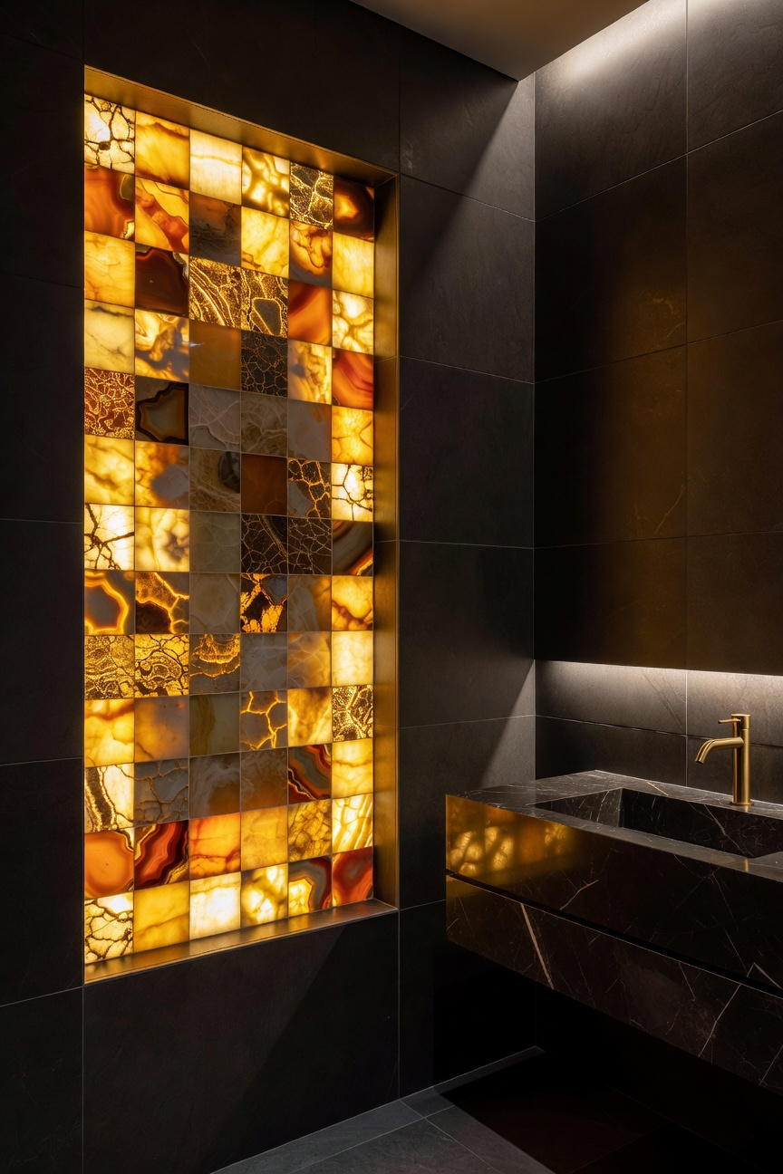 A modern powder room featuring a backlit wall niche filled with glowing agate and onyx tiles against dark matte walls.
