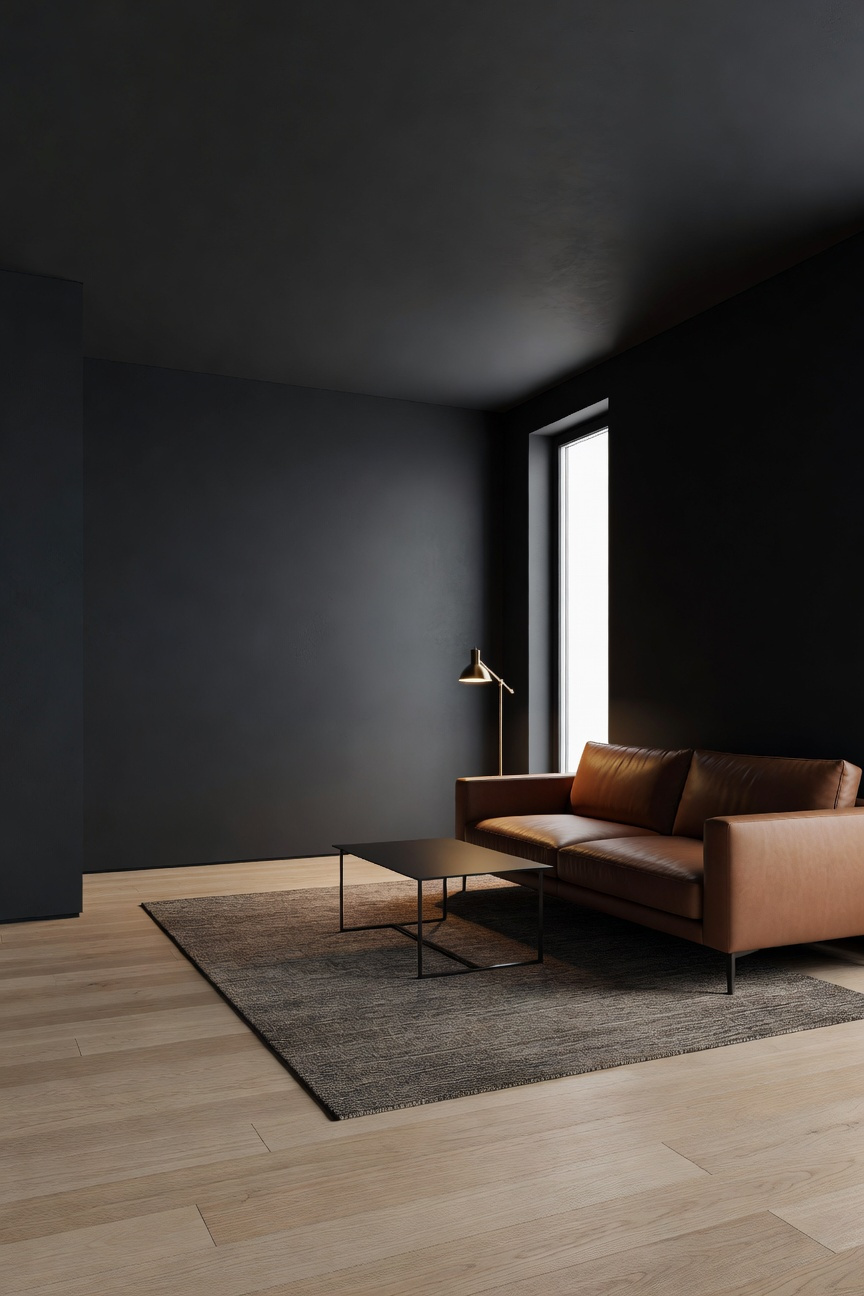 A small living room with dark industrial charcoal walls and a leather sofa illustrating how dark colors can make room boundaries disappear.