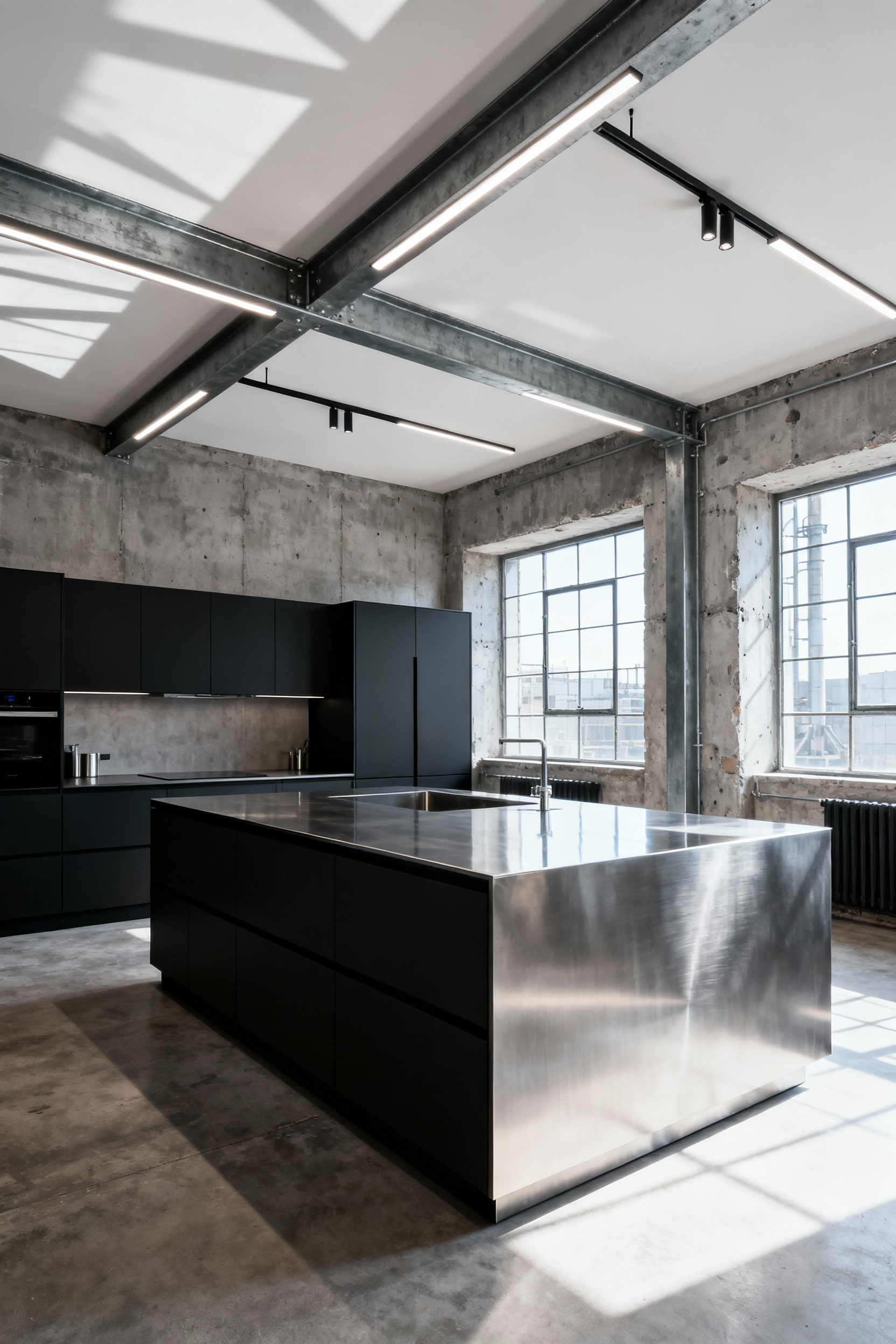 Wide view of a minimalist modern kitchen featuring integrated matte black cabinets, exposed poured concrete walls, and a large central stainless steel island, designed for maximum engineering efficiency and structure.
