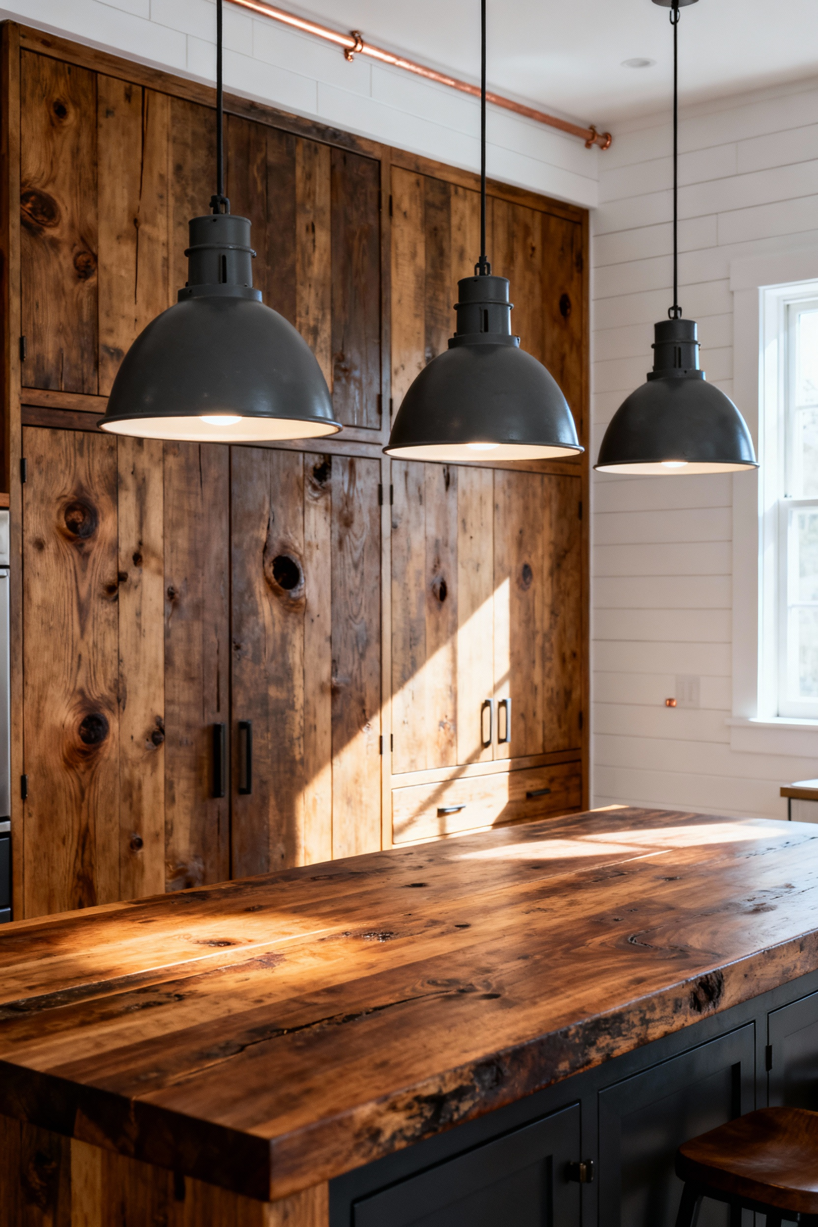 Heavy vintage industrial pendant lights hang over a wooden kitchen island, providing intense light that dramatically contrasts with the cozy texture of the rustic reclaimed oak kitchen cabinets in a farmhouse setting.