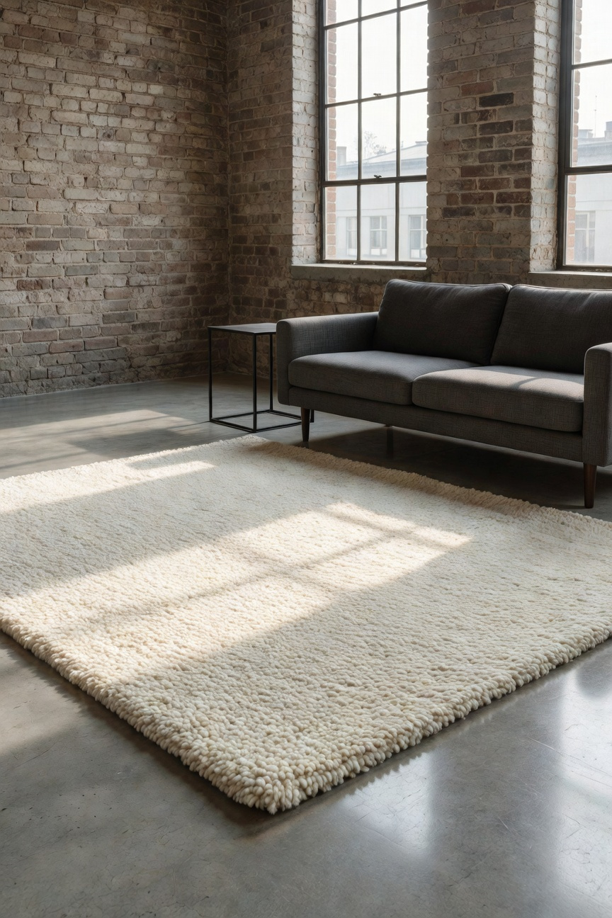 A modern industrial living room showing a thick wool rug on a polished concrete floor to improve acoustics.