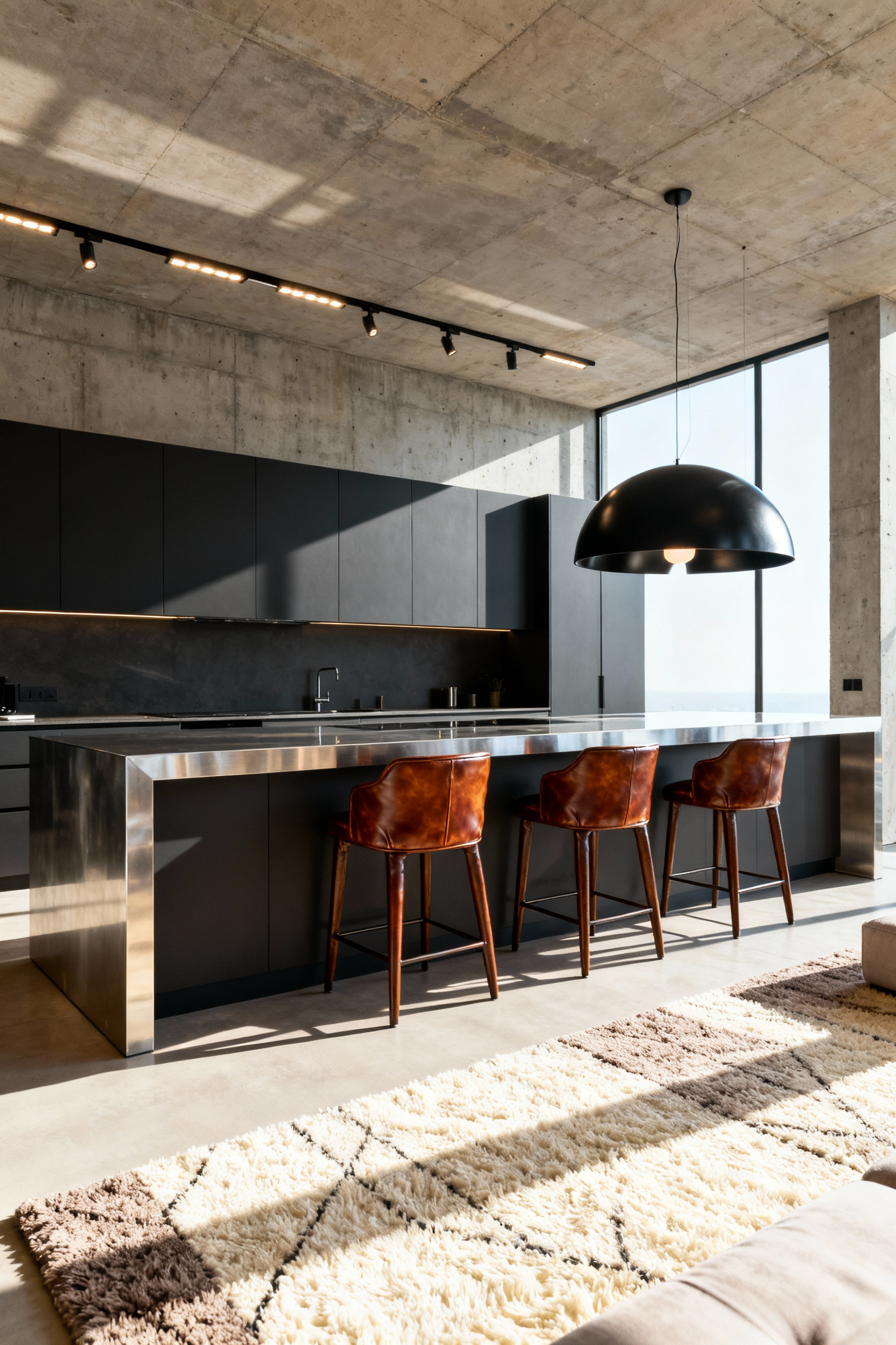Wide shot of a modern industrial kitchen featuring dark steel cabinetry and a stainless steel island, softened by three rich cognac leather counter stools and a large cream textured rug, emphasizing the hybrid living sanctuary concept.