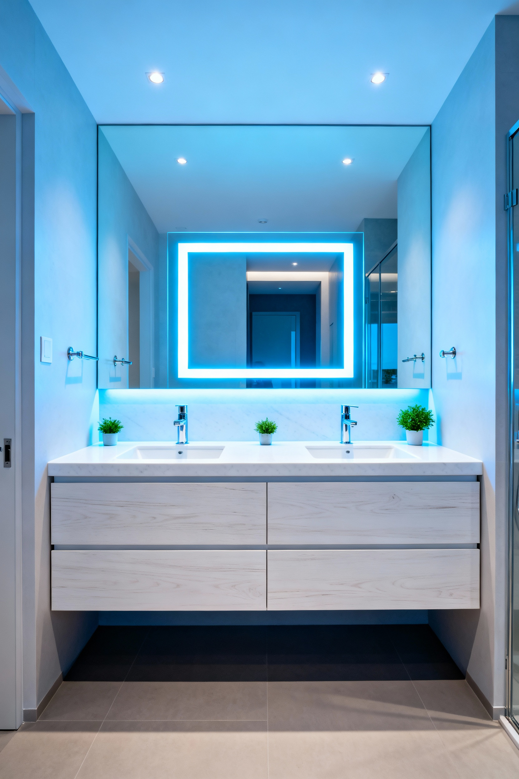 A modern white oak floating bathroom vanity with a white quartz countertop and a large integrated LED mirror set to a high-Kelvin, blue-rich daylight mode designed to promote wakefulness.