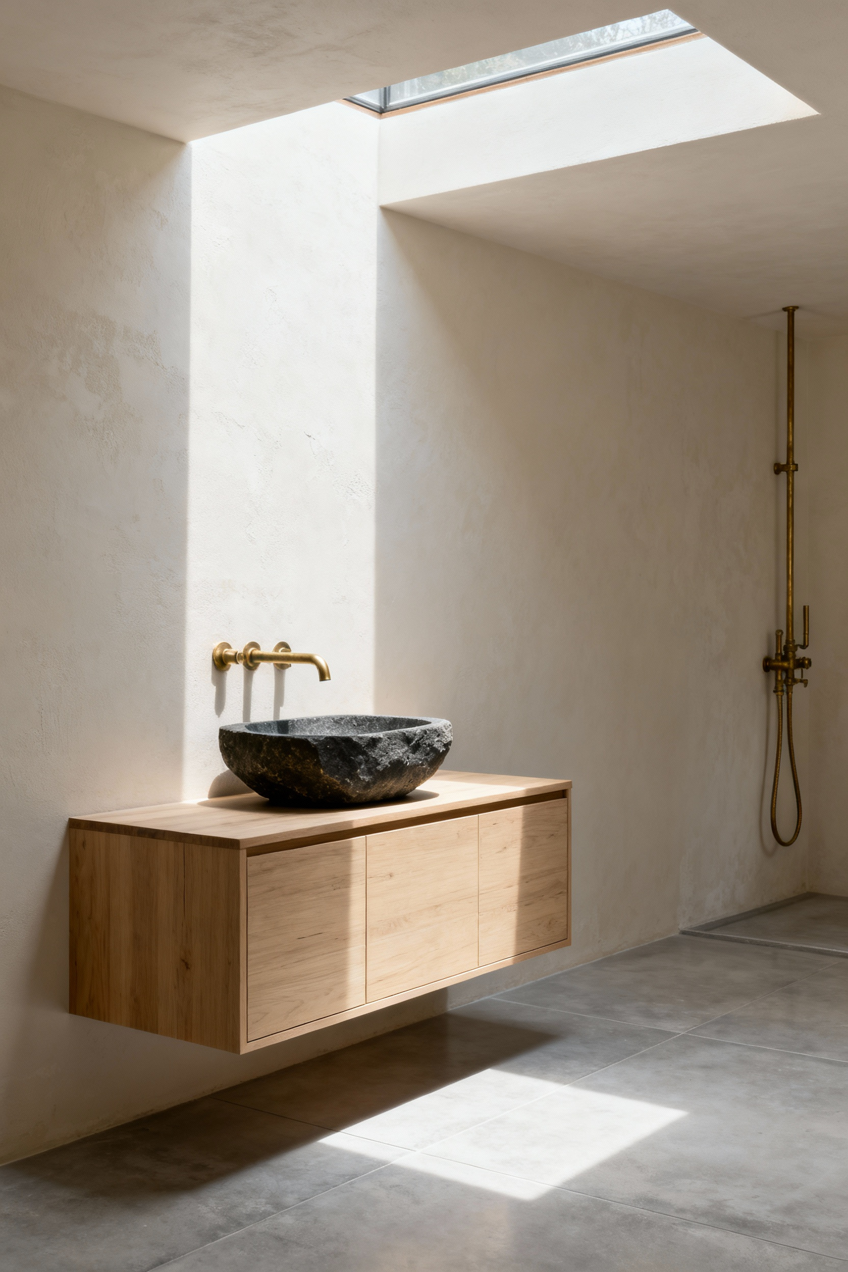 Japandi style modern bathroom featuring a rough-hewn slate vessel sink, unlacquered brass fixtures, and a pale wood floating vanity, emphasizing Wabi-Sabi imperfection and Lagom balance.