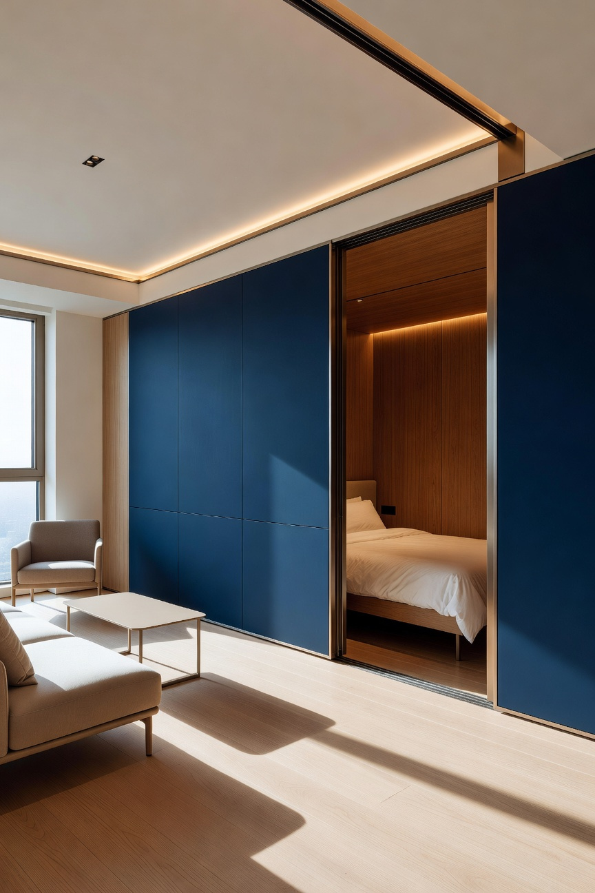 A vibrant modern living room with a navy blue sliding media wall revealing a hidden wooden sleeping area.