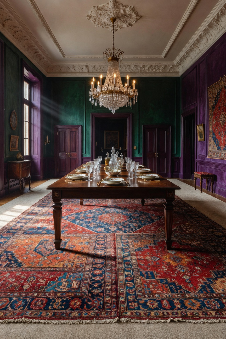 A high-end dining room featuring a wooden table set upon multiple layered oriental and Persian rugs for a maximalist interior design look.
