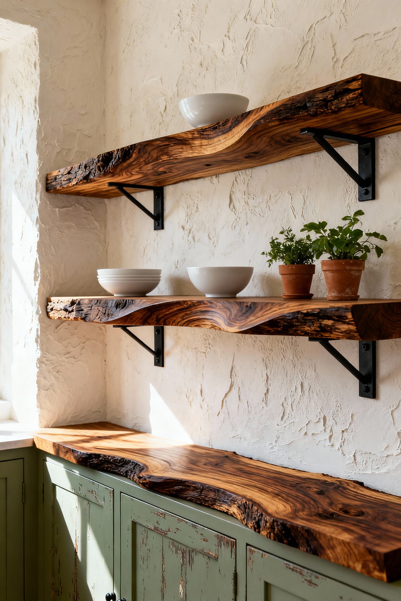 Rustic kitchen cabinets in sage green below thick live-edge walnut open shelving mounted on a textured plaster wall, creating a spacious, organic aesthetic.