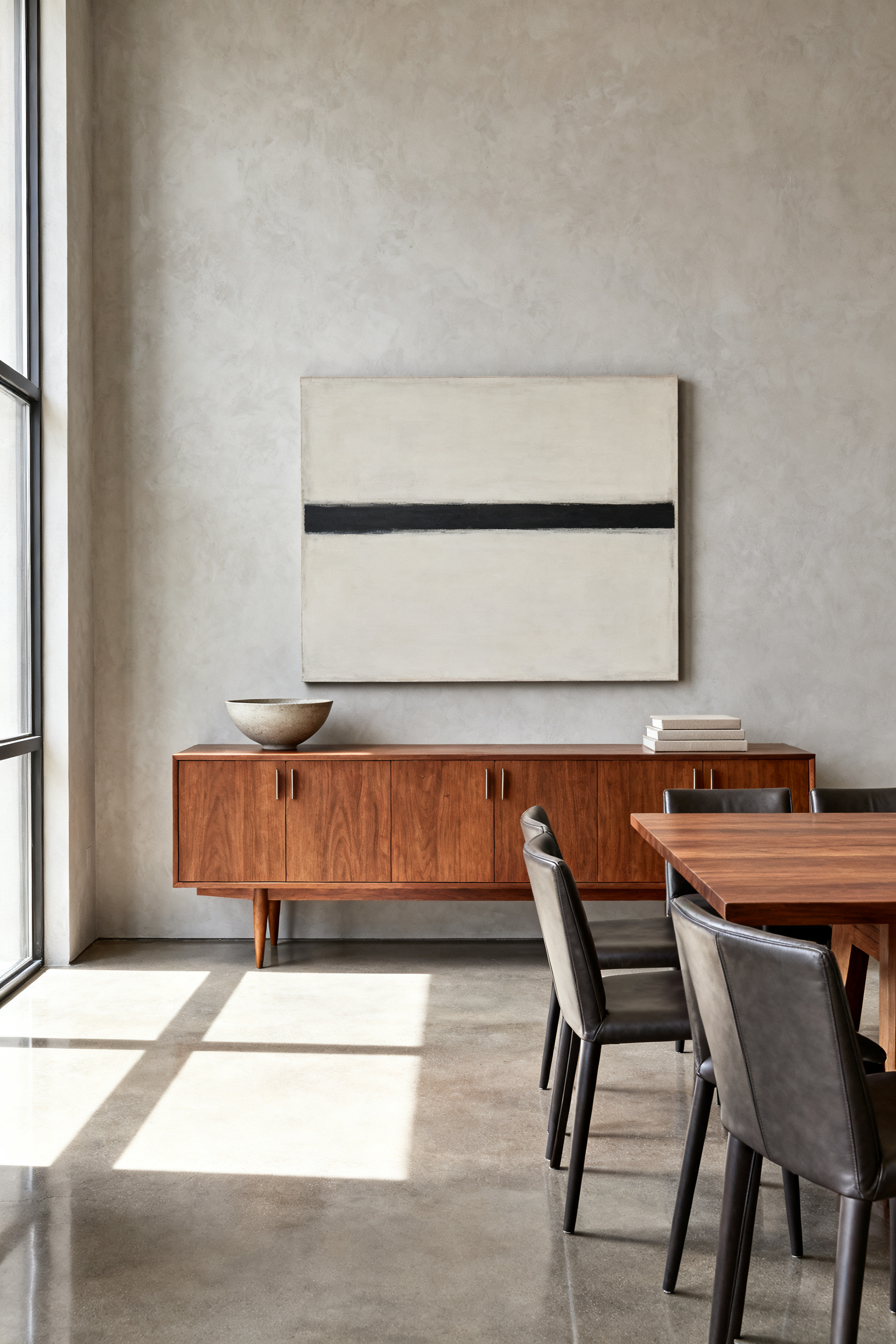 A photograph of a modern dining room featuring a long, low-profile Mid-Century Modern walnut credenza positioned under abstract horizontal wall art, demonstrating how ground-hugging furniture visually widens the space.