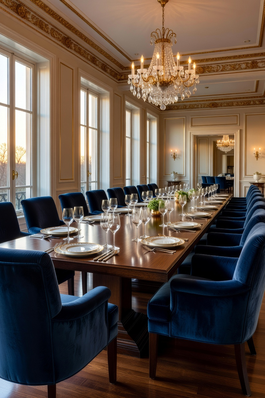 A luxury dining room featuring a large table with oversized velvet armchairs spaced generously apart for high-end hosting.