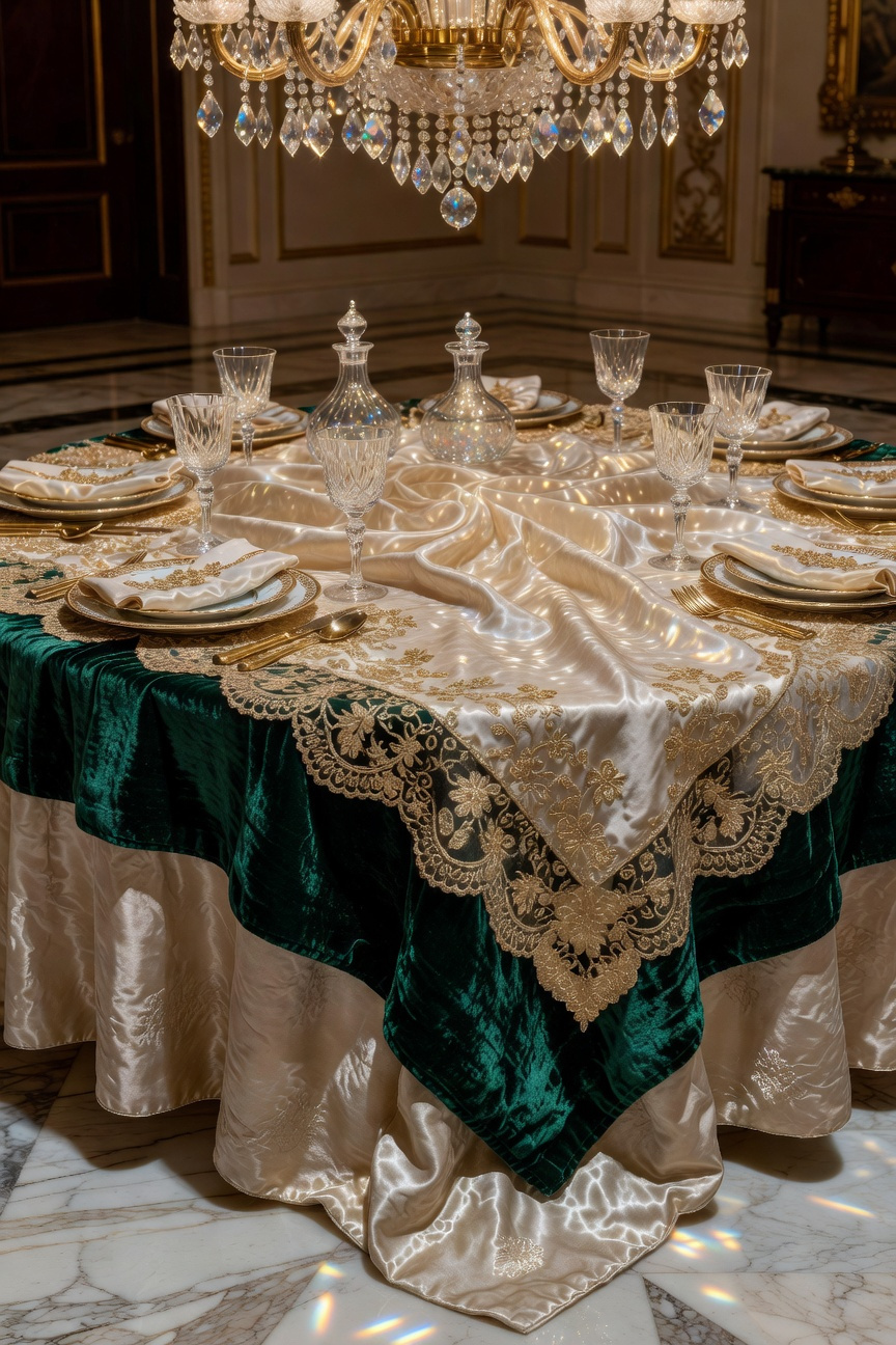 A lavishly set dining room table featuring layered silk and crushed velvet textiles with a gold embroidered runner under soft chandelier lighting.