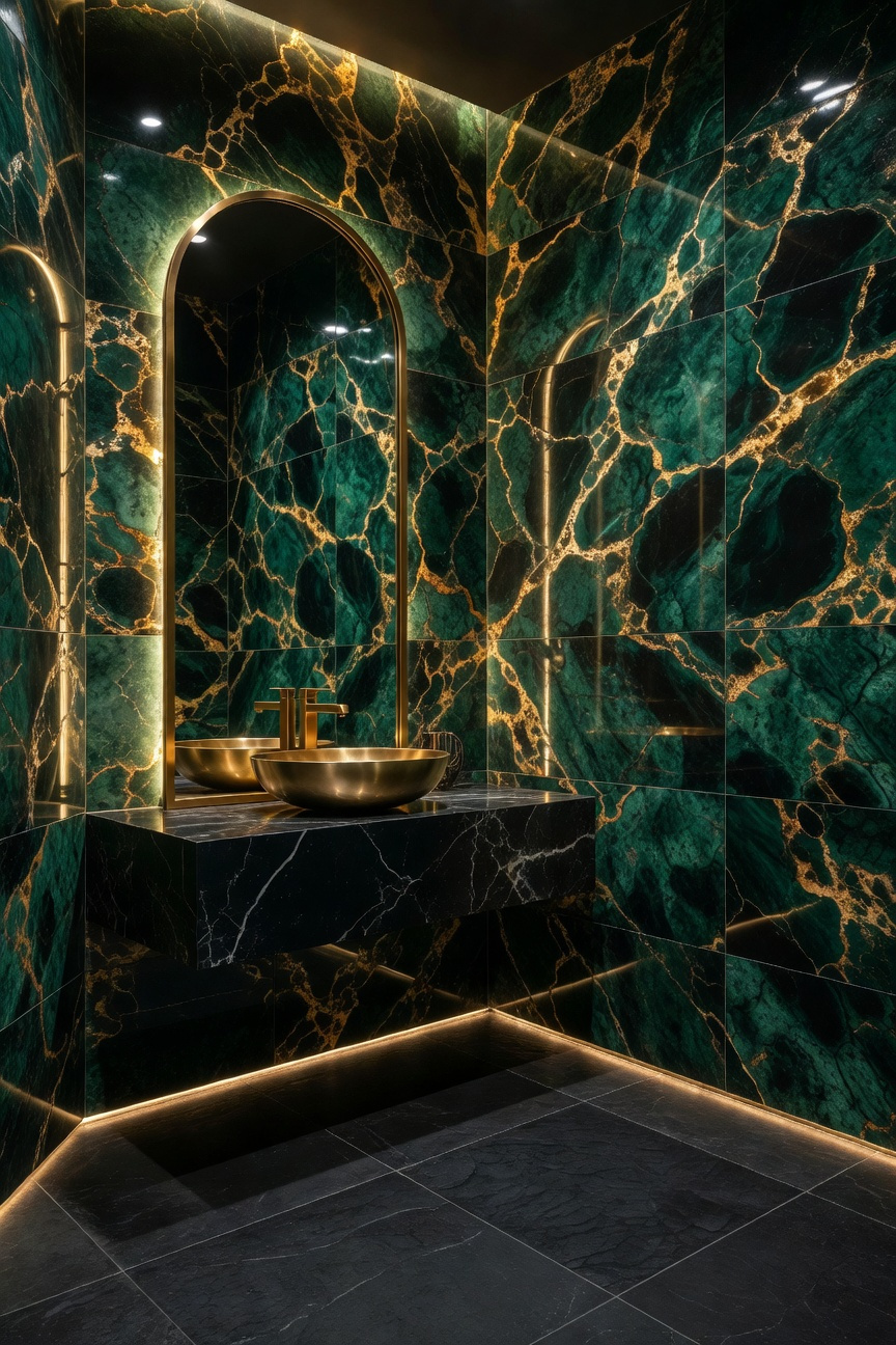Luxurious powder room featuring emerald green and gold metallic-veined marble wall tiles and a glowing gold mirror.