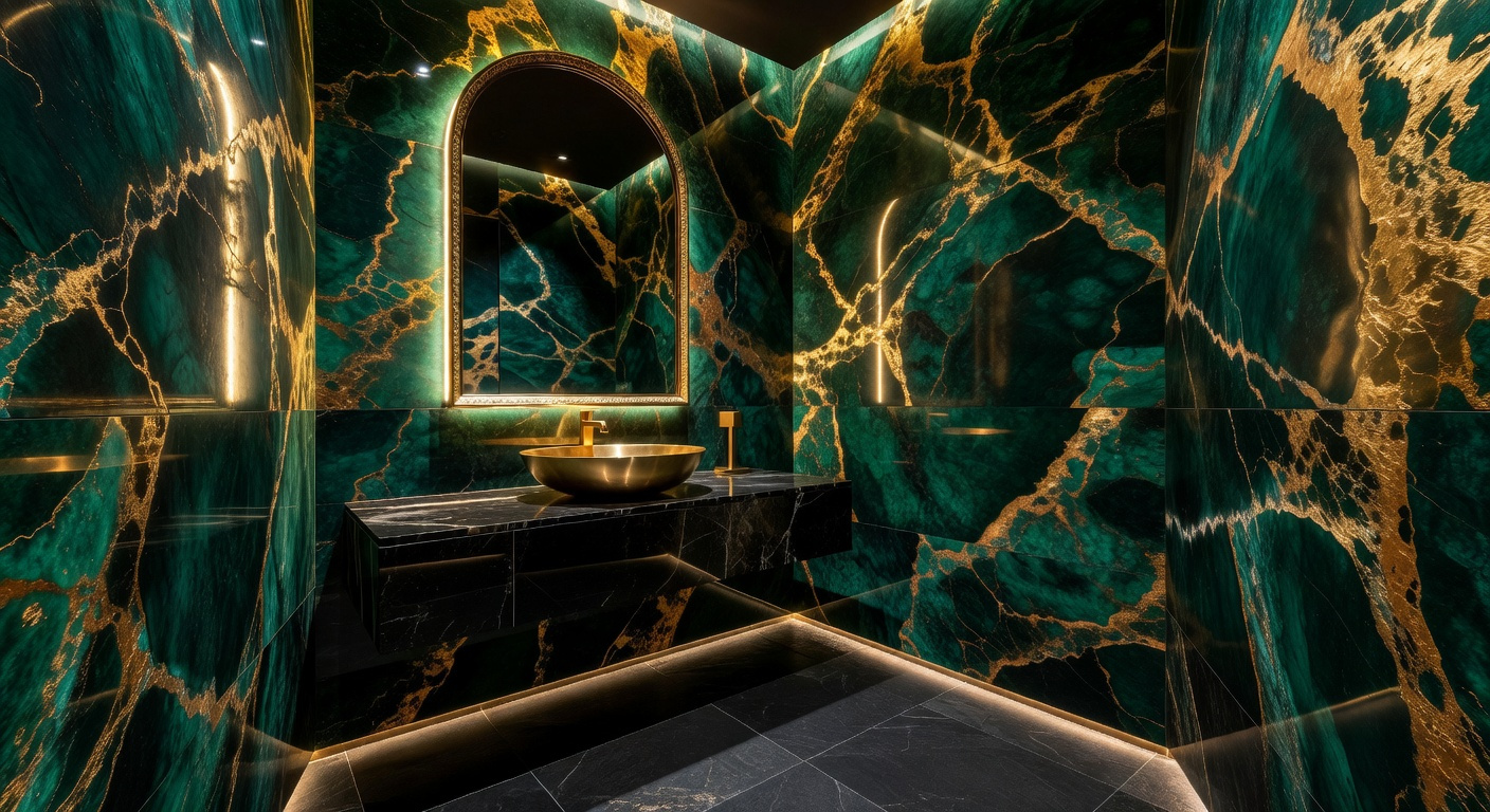 Luxurious powder room featuring emerald green and gold metallic-veined marble wall tiles and a glowing gold mirror.