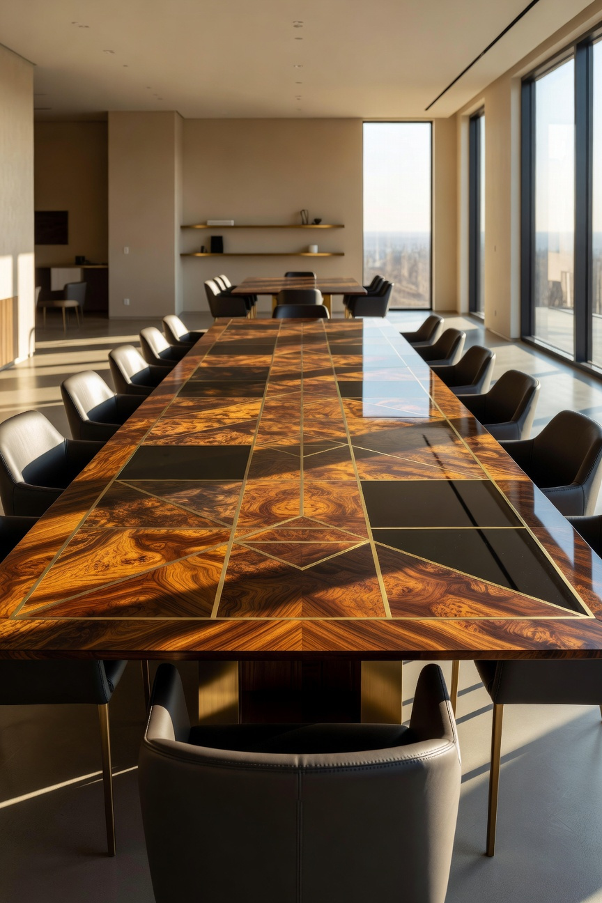 A high-end dining room table featuring a mix of burl wood patterns, polished brass inlays, and smoked glass panels in a brightly lit modern room.