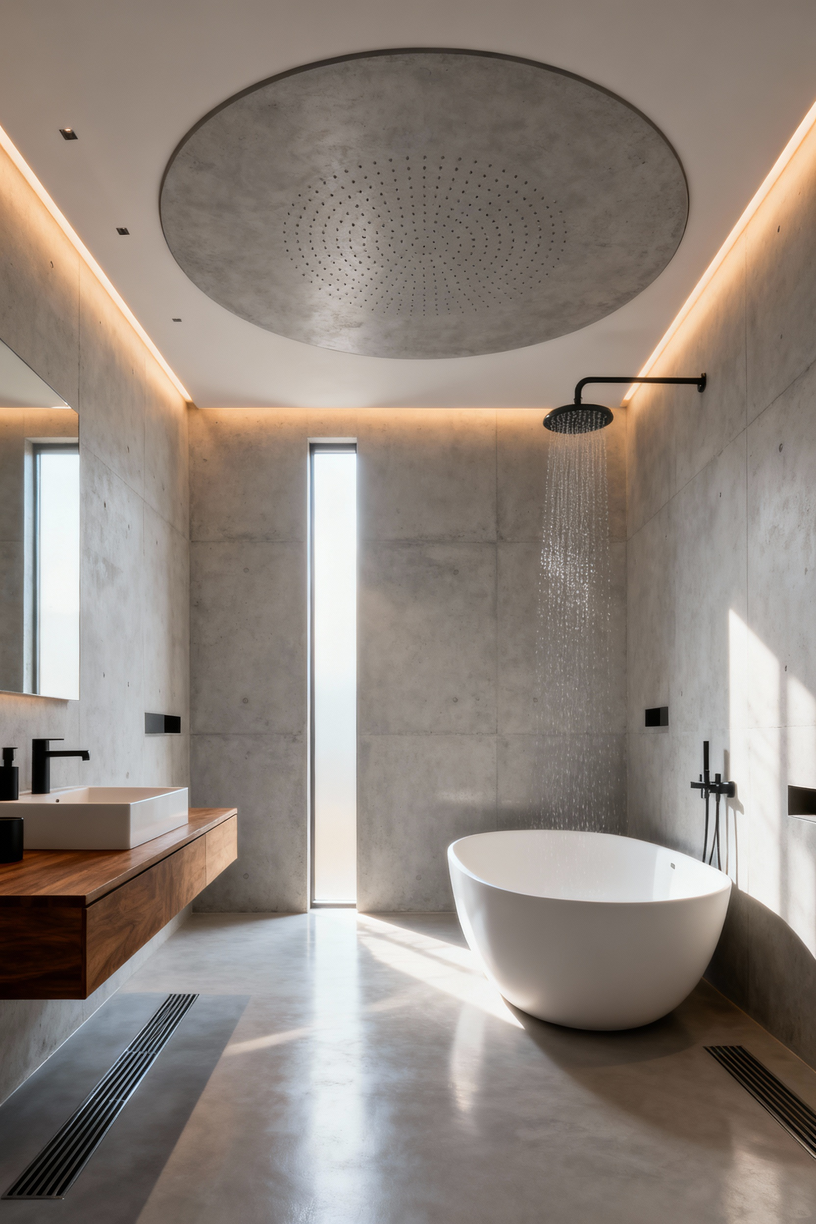 Barrier-free modern wet room interior with seamless grey polished concrete flooring, hidden drainage, a large ceiling rain shower, and a minimalist freestanding soaking tub, emphasizing holistic design and ritualistic bathing.