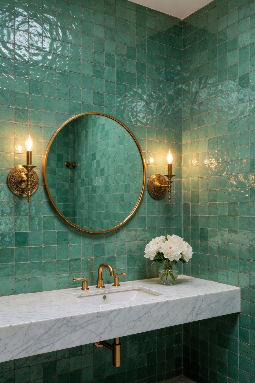 Luxury powder room featuring seafoam green hand-cut Moroccan Zellige tiles and warm brass sconce lighting.