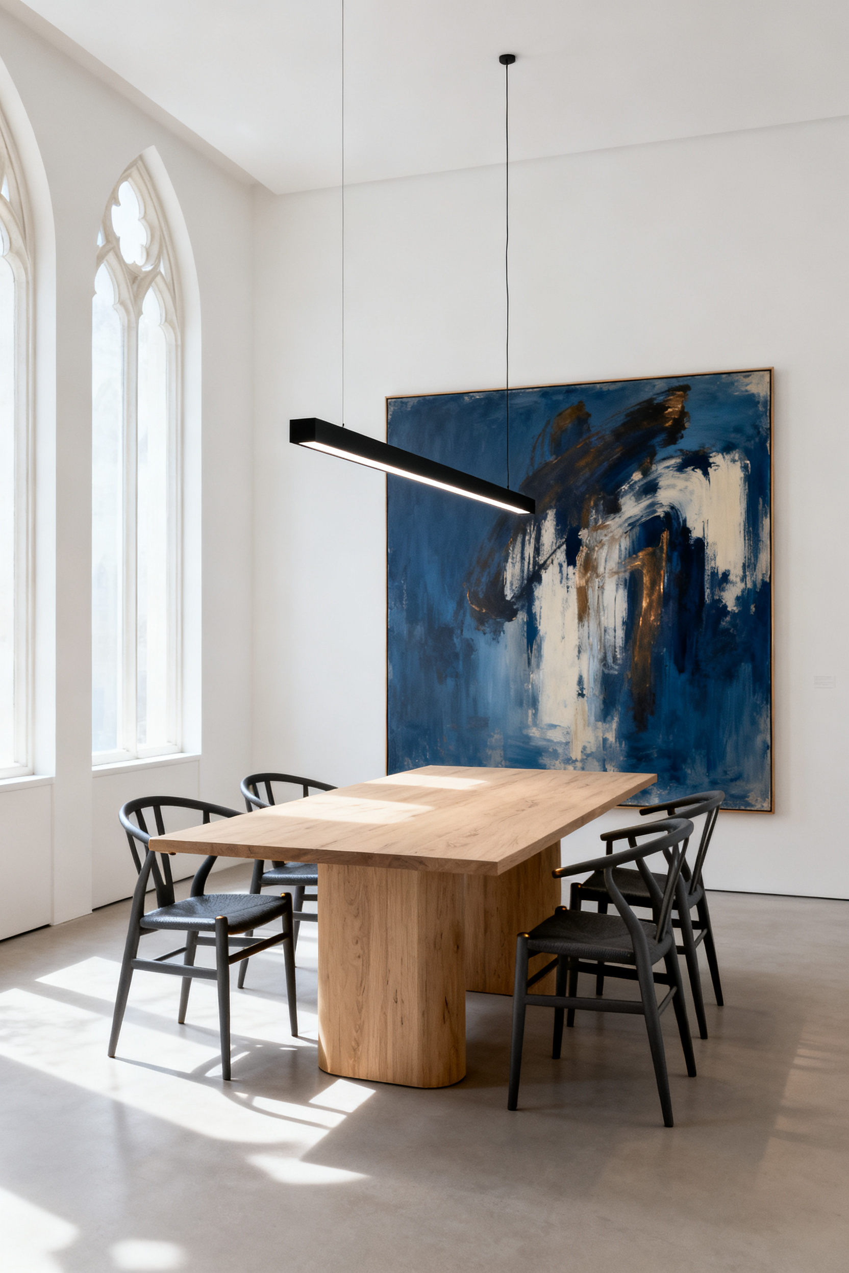 Large scale abstract painting dominating a minimalist modern dining room featuring a bleached oak table and charcoal chairs under natural light.
