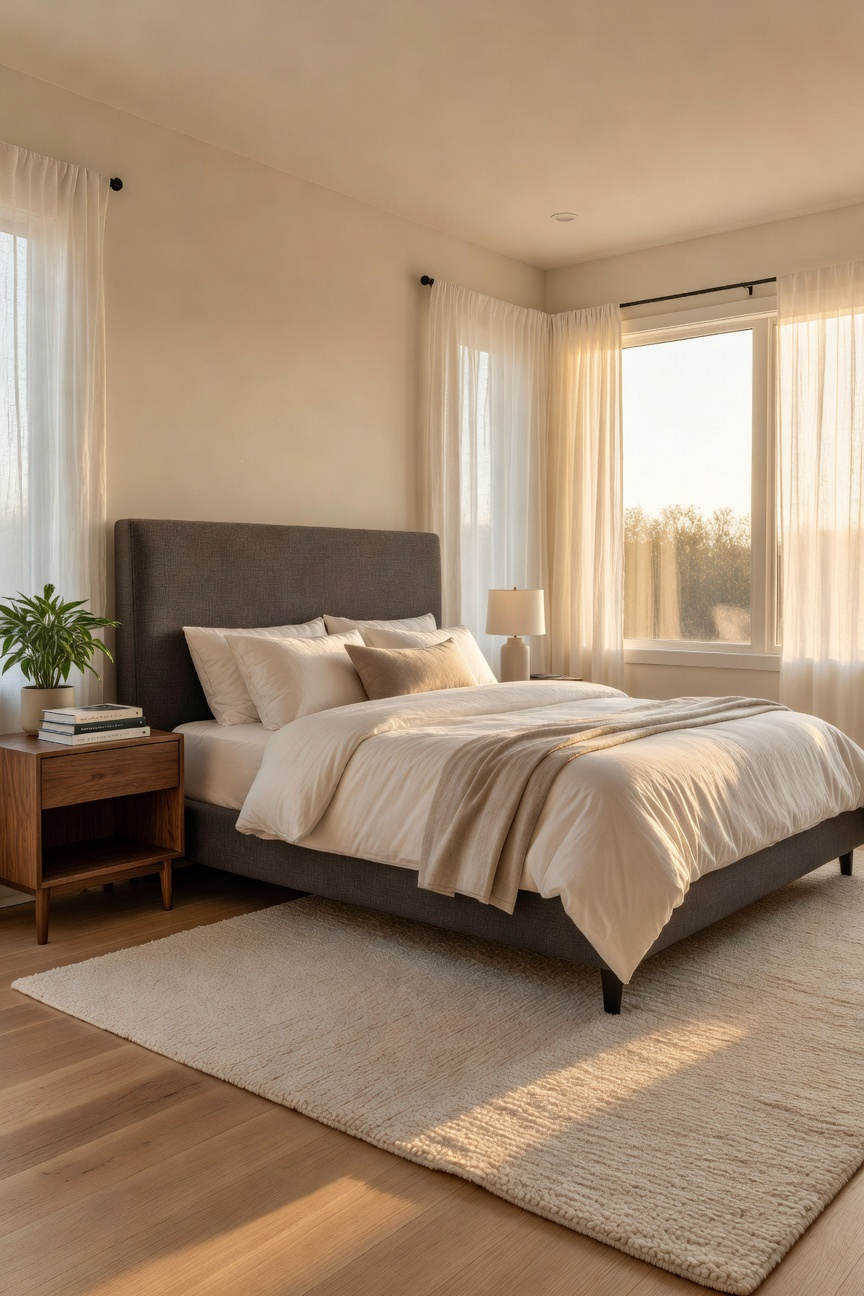 A bright and airy master bedroom with a bed positioned diagonally from the door following command position design principles for optimal security.