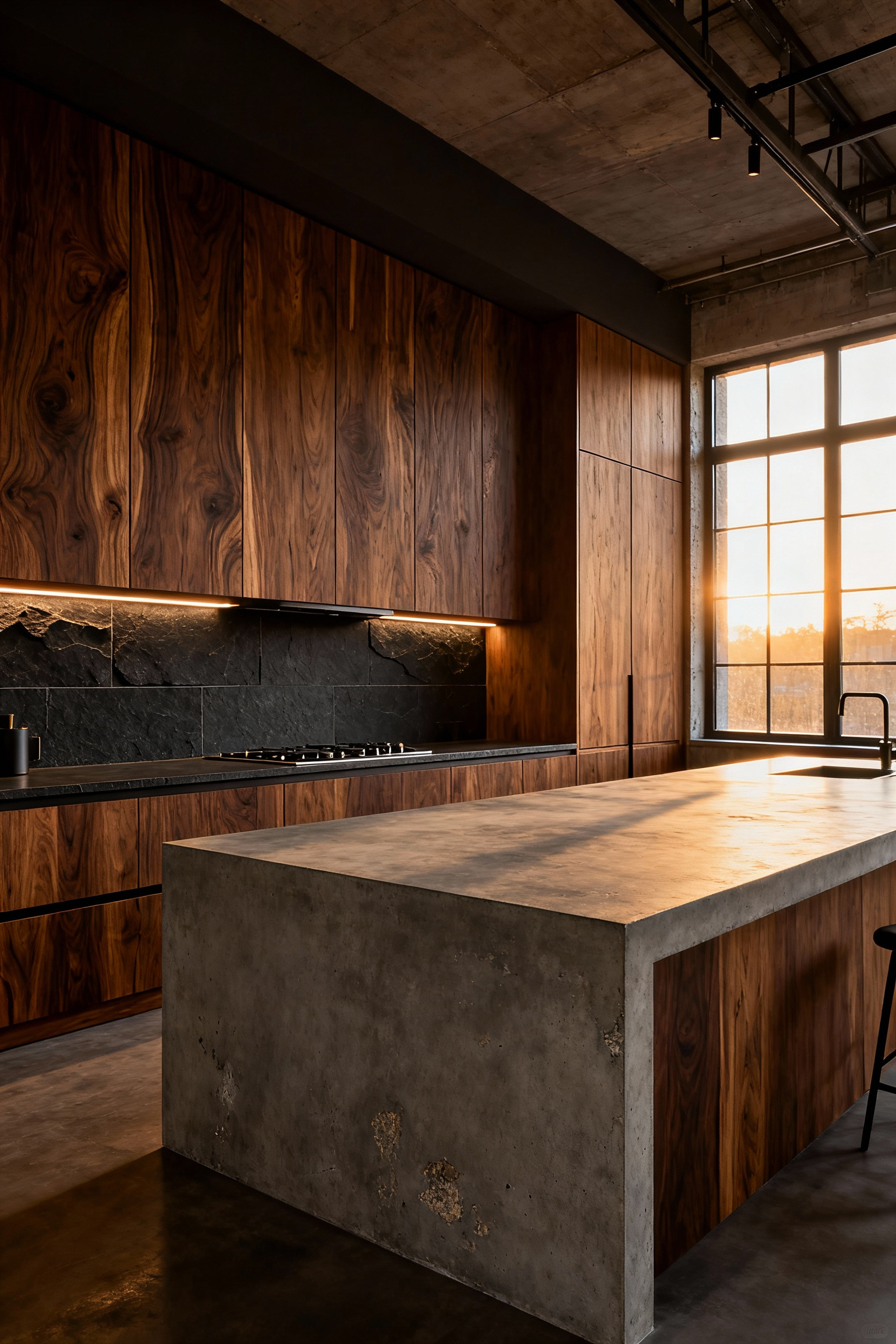 A modern kitchen design emphasizing raw materials like textured concrete, rift-sawn oak, and honed soapstone, captured in warm, golden-hour light.