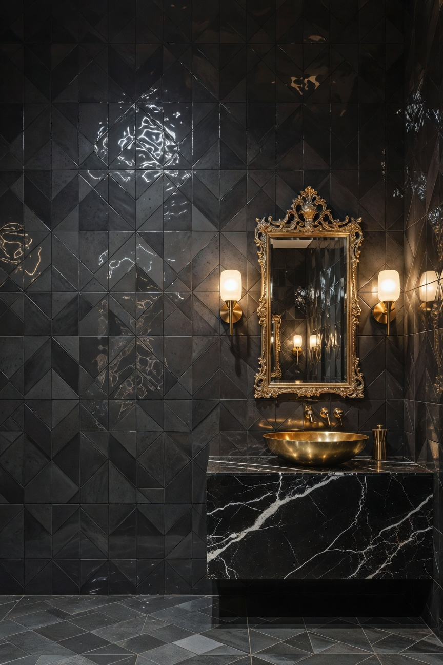 A sophisticated powder room featuring a decorative wall of alternating matte and glossy charcoal tiles to create visual depth through reflectivity.