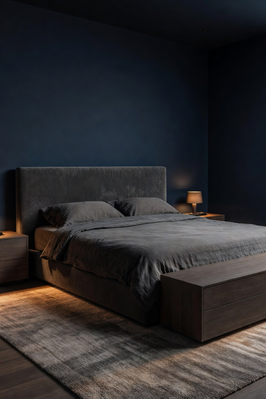 A dimly lit bedroom with matte furniture and dark walls designed to minimize light reflection for deep sleep.