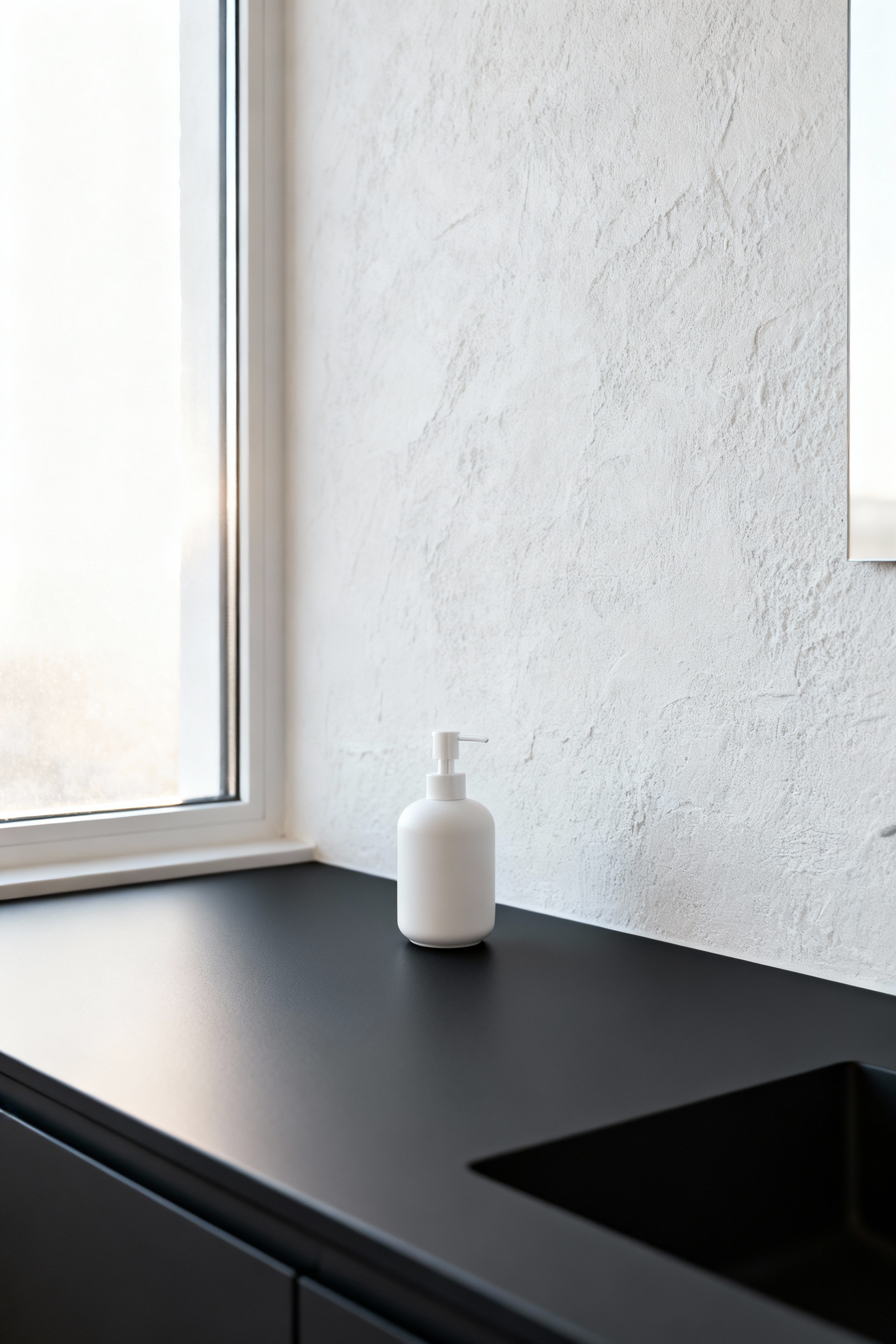 A modern wall-mounted bathroom vanity featuring an extremely matte, charcoal Nano-Tech composite countertop and cabinetry, specifically designed to reduce light glare and visual noise in the morning.
