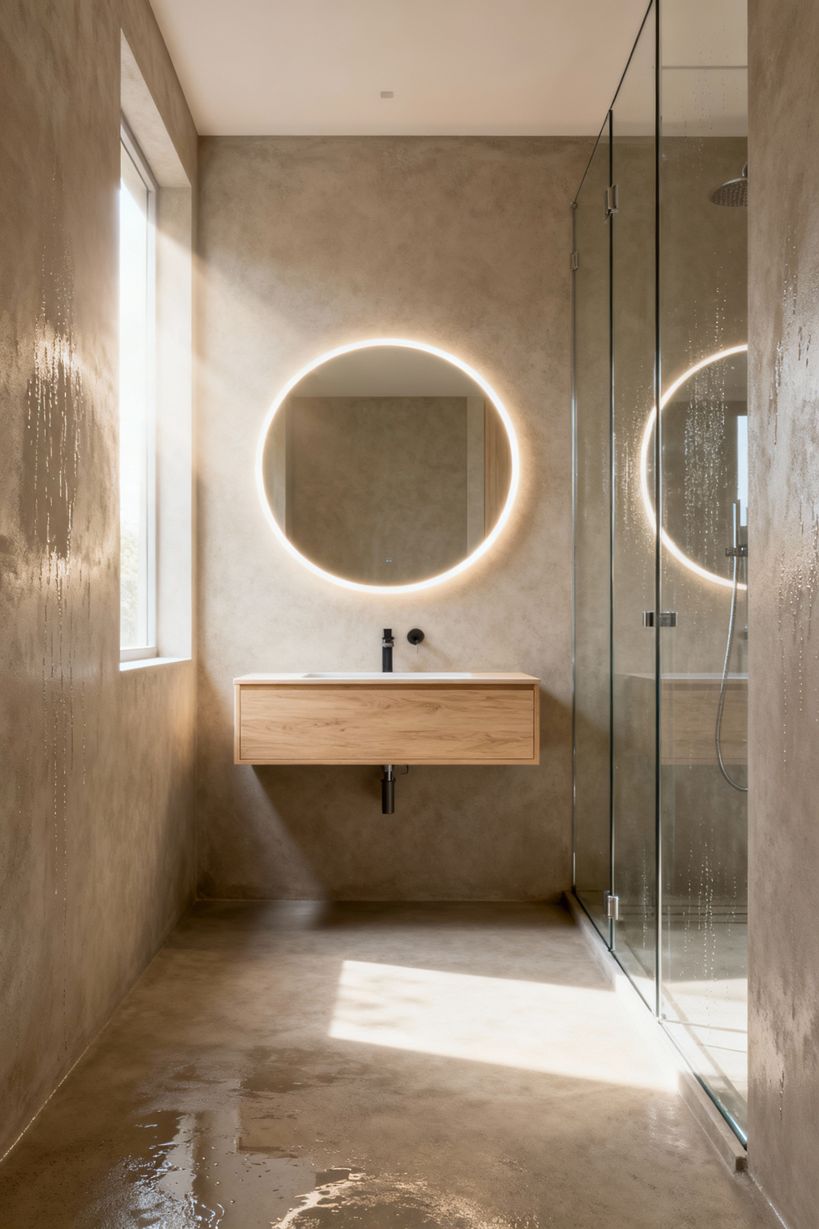A sleek, compact modern bathroom featuring seamless light greige microcement walls and floors, illustrating how uninterrupted surfaces reduce visual clutter and make small spaces feel larger.