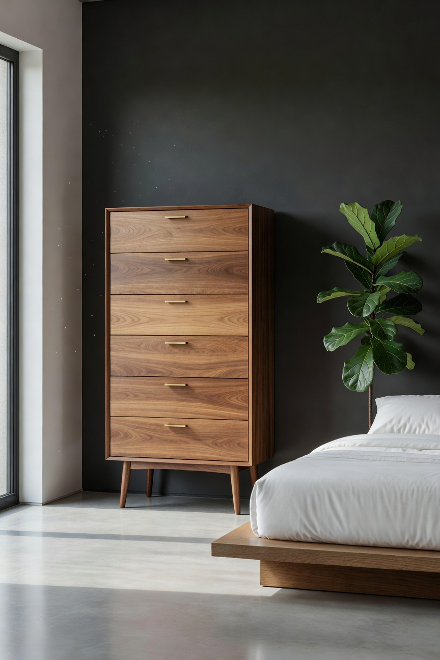 A tall walnut mid-century modern chiffonier standing in a sunlit minimalist bedroom with high ceilings.