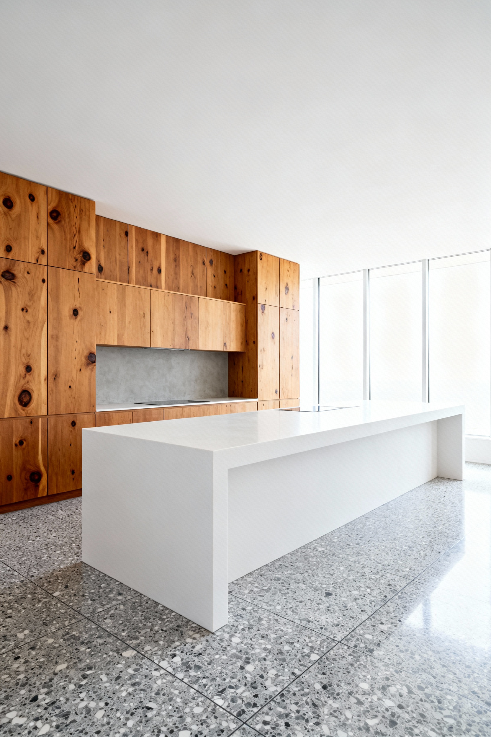 Full view of a Mid-Century Rustic kitchen featuring geometric Knotty Alder slab cabinets, contrasting white countertops, and terrazzo flooring under bright natural light.